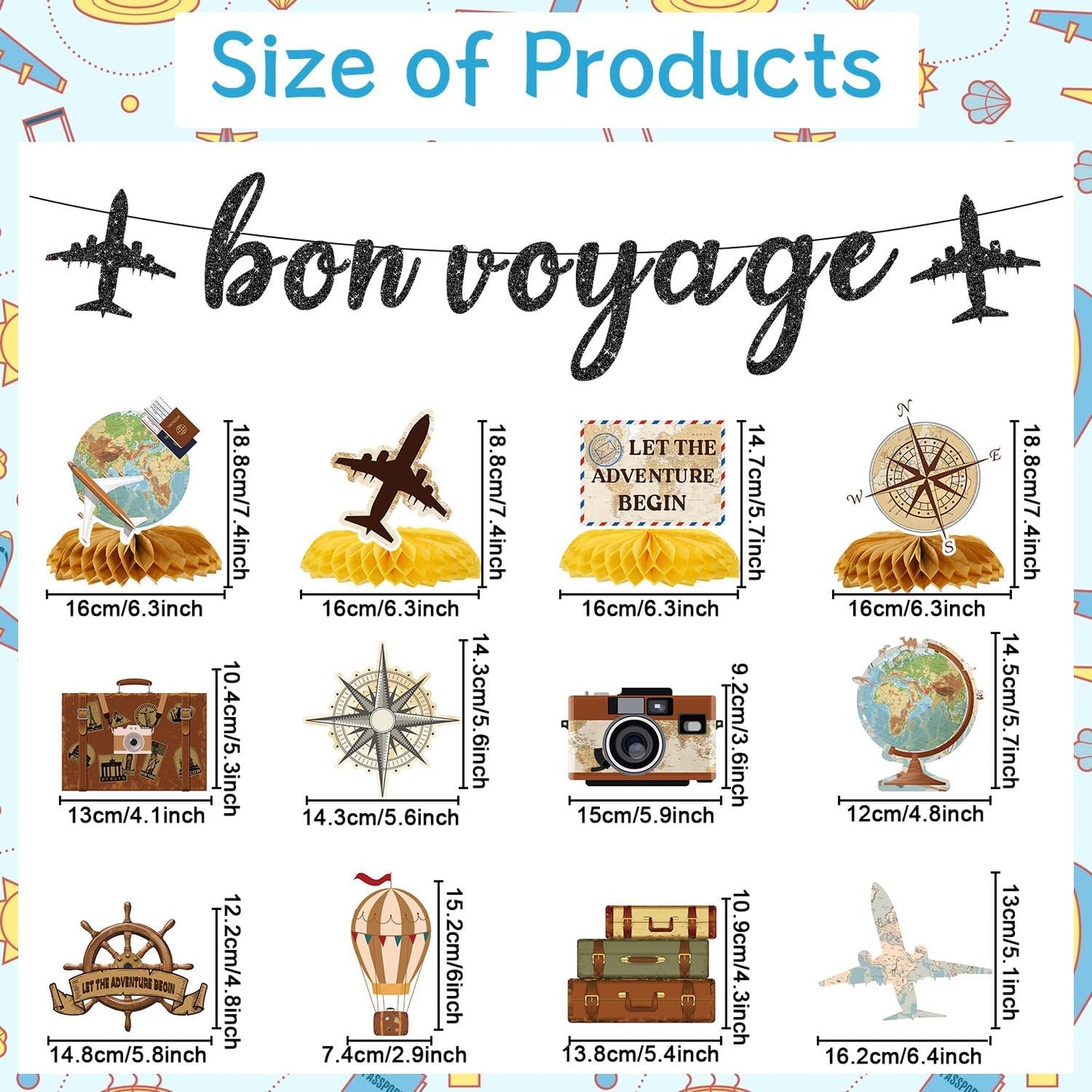 Bon Voyage Party Decorations - 13PCS Travel Themed Party Decorations Glitter Bon Voyage Banner Hanging Swirls Let the Adventure Begin Honeycomb Centerpieces Decor Going Away Party Supplies