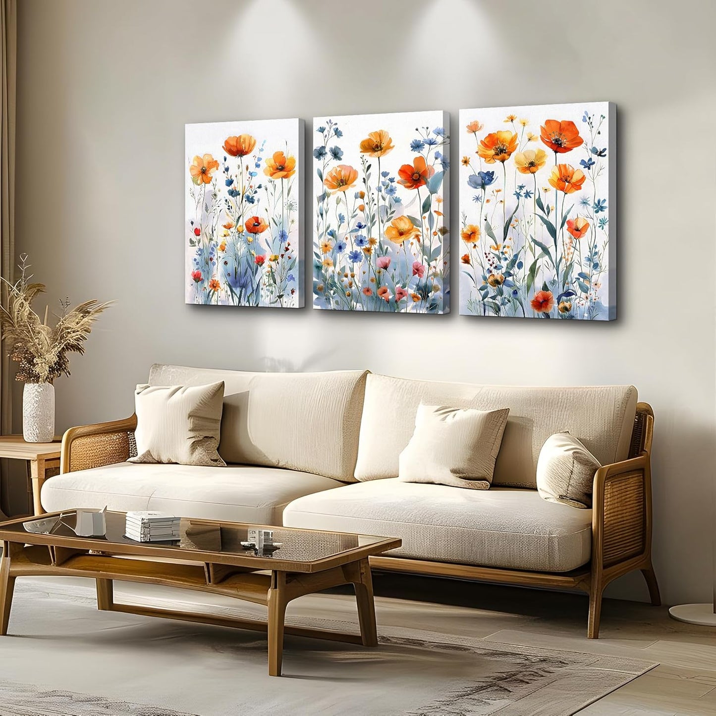TTHYUEWS Boho Wall Art for Living Room & Bedroom - Modern Wall Decorations - 3 Piece Set - Flowers Watercolour Paintings & Posters - Home Decor