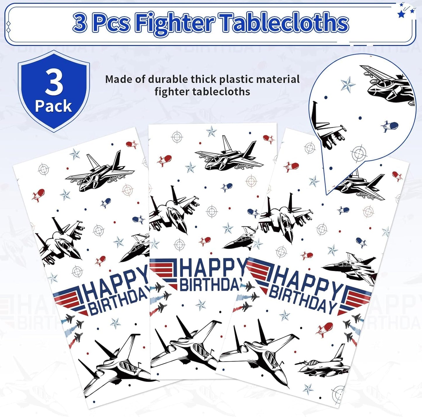 3 Pcs Fighter Jet Pilot Birthday Tablecloth Military Jet Table Cover Plastic Rectangle Airplane Table Cloth Air Force Party Decorations for Boys Pilot Aviation Birthday Party Supplies 54" x 108"