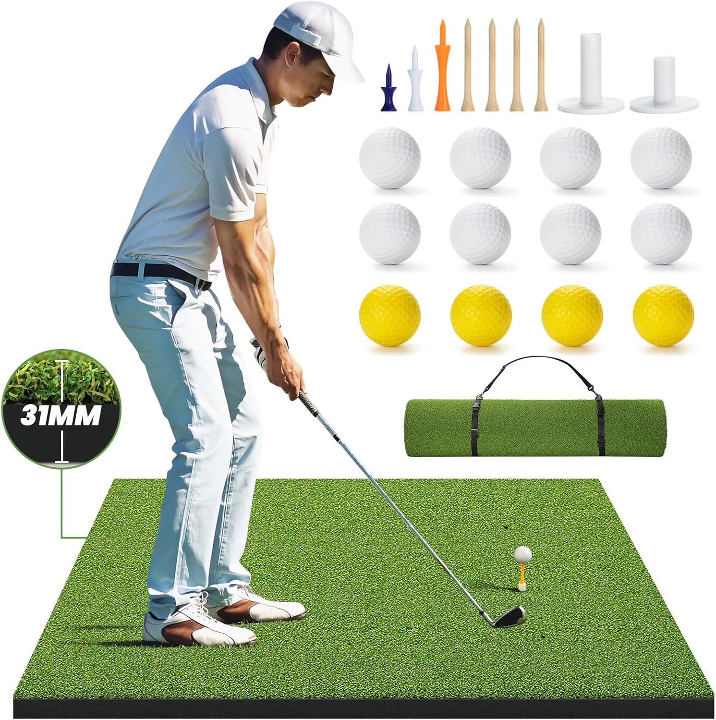 Premium Dual-Turf Golf Hitting Mat - 4x5ft Indoor/Outdoor Practice Mat with Realistic Fairway & Rough Turf, Portable Golf Swing Training Mat with Alignment Guide Real Feel for Driving Range