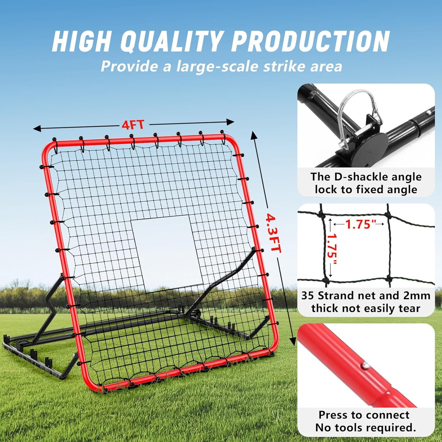 Baseball Rebounder ,4x4.5FT Soccer Rebounder with 4 Adjustable Angles, 28 Bungee Cords to Adjust Elastic, Sports Equipment for Soccer/Baseball/Softball/Volleyball Training,Pitchback Net for All Levels