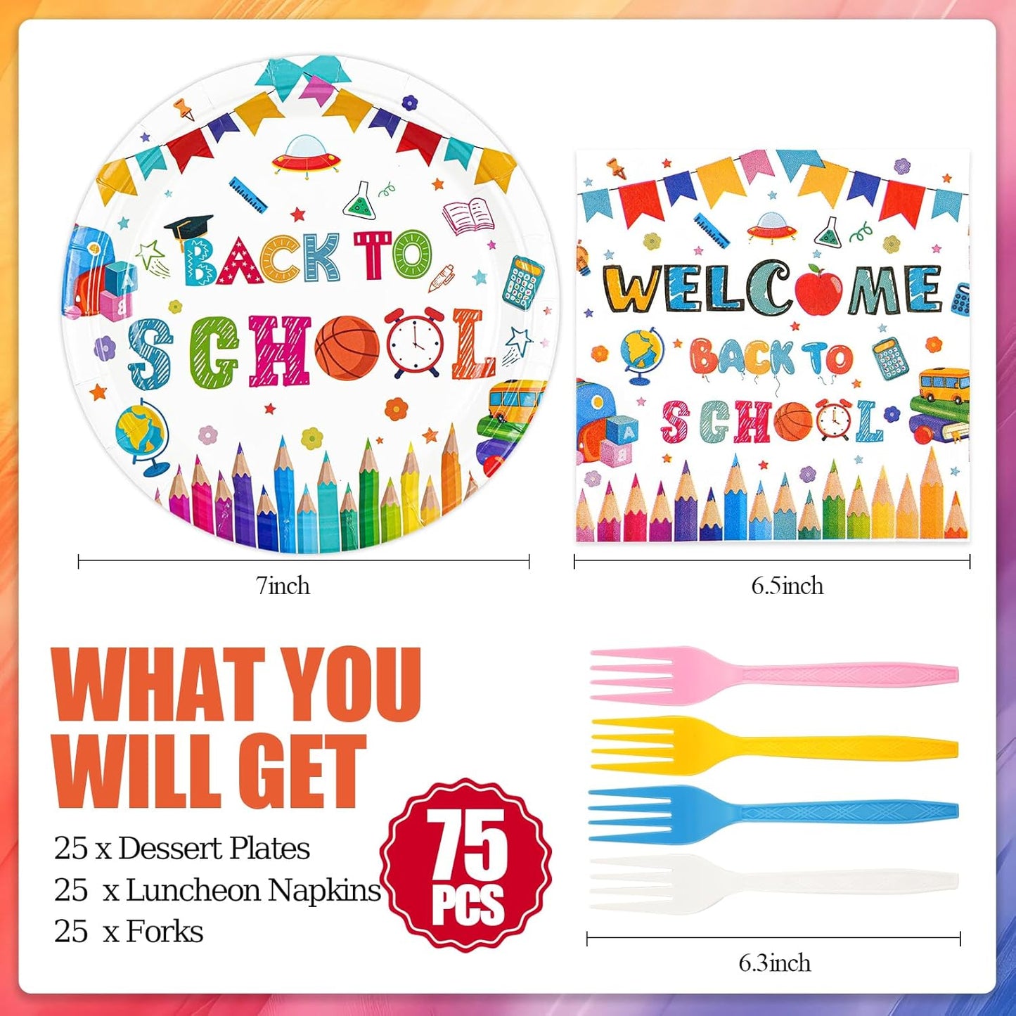 75PCS Back to School Paper Plates and Napkins - School Themed Tableware Set Include 7inch Paper Plates Napkins Forks Disposable Decoration Supplies for School Preschool Kindergarten Party, Serve 25