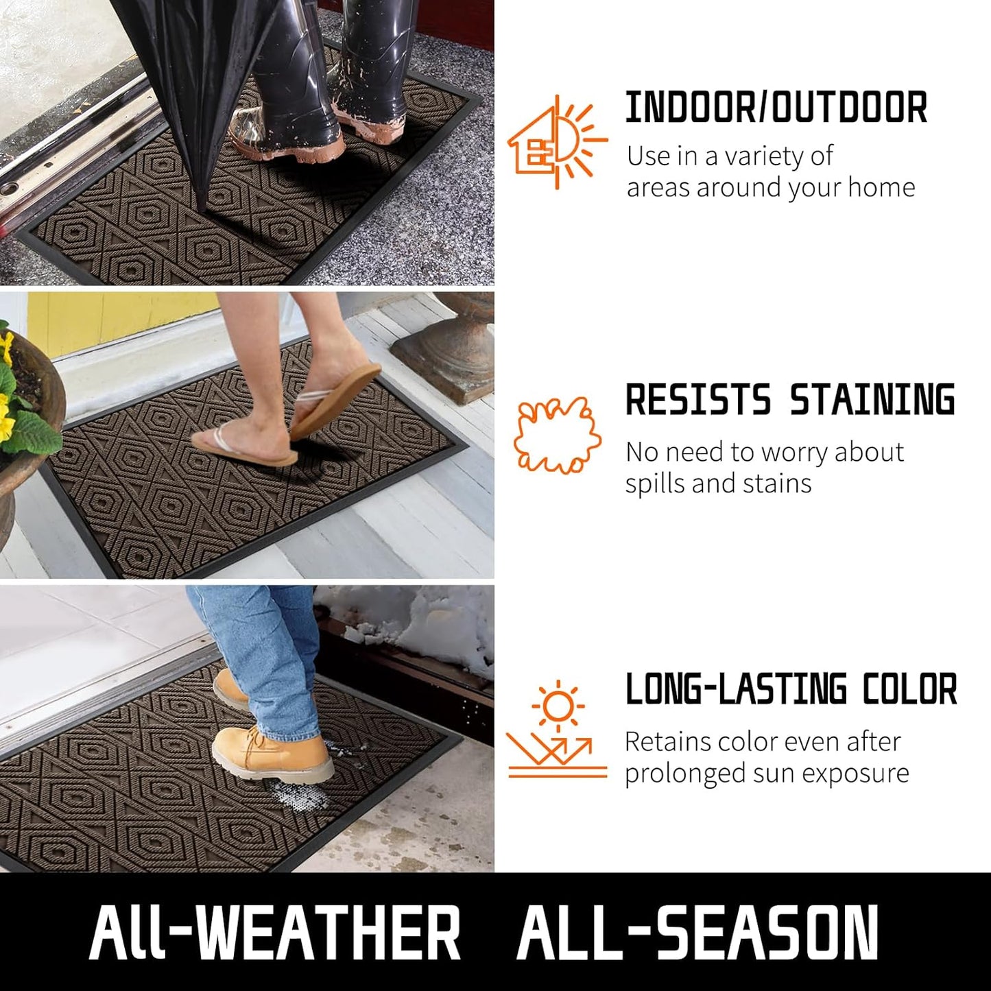 Yimobra Door Mat, Outdoor Indoor Entrance Welcome Mat, Heavy Entry Front Door Mat, Stain & Fade Resistant, Low Profile, Sturdy Rubber, Easy Clean Patio Floor Mat, Waterproof, 60 x 36,Brown