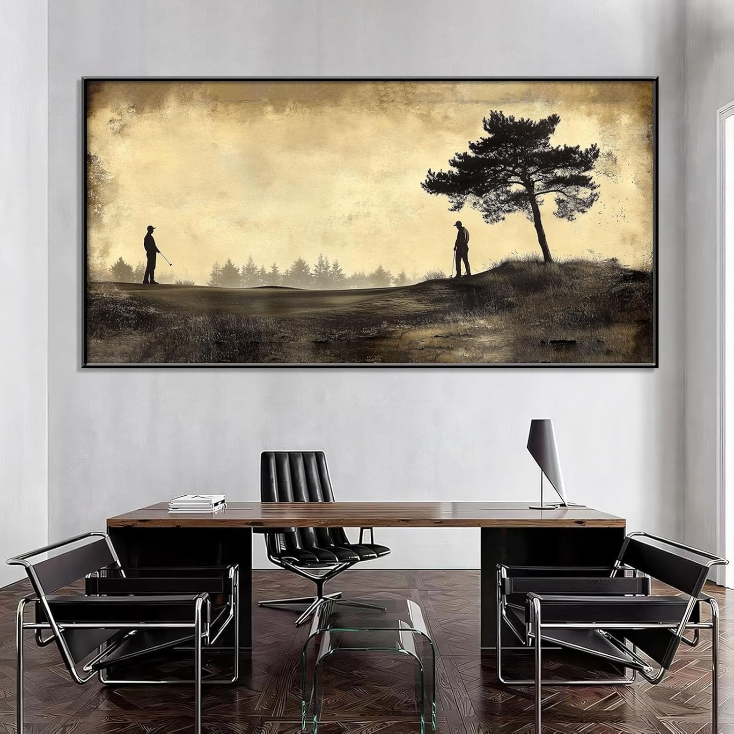 Vintage Golfers Landscape Wall Art, Golf Canvas Print, Golfers Picture Artwork for Wall, Rustic Wall Art, Horizontal Wall Decor, Vintage Sports Poster, Gift for Dad, Man Cave Decor (Black Framed, 31"x15"|80x40cm)