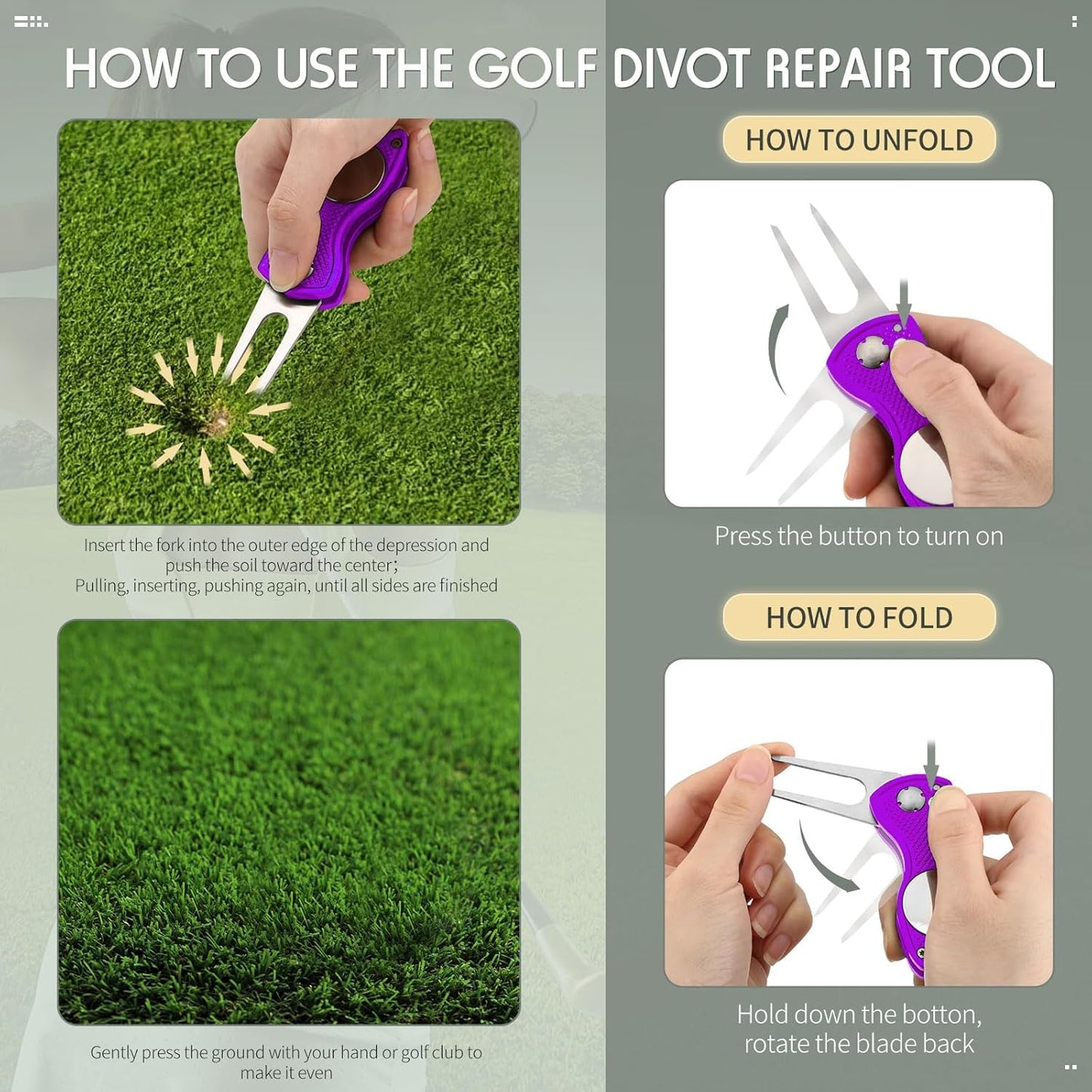 Skylety 4 Pcs Golf Divot Repair Tool Metal Foldable Golf Divot Tool with Magnetic Pop-up Button Ball Marker Stainless Steel Switchblade for Golfers Prizes
