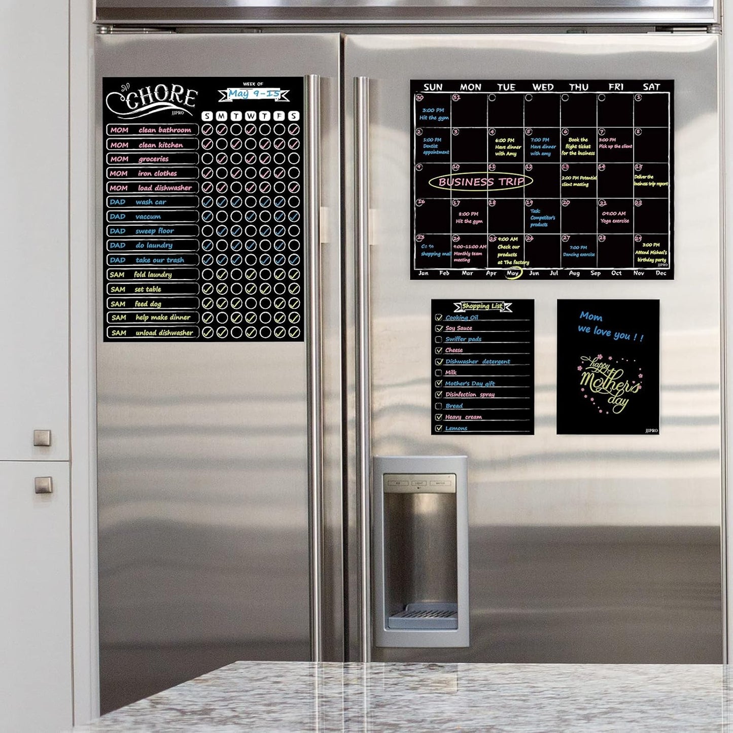 Magnetic Chalkboard Monthly Calendar - Reward Chore Chart Blackboard Combo Set with Neon Bright Liquid Chalk Markers - Bonus Grocery List and Notepad Blackboard for Refrigerator Included