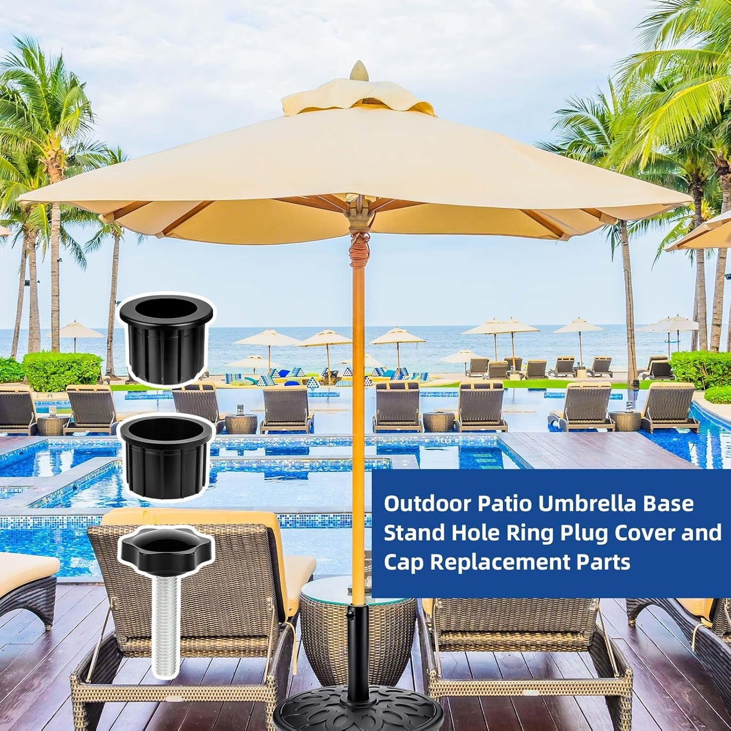 6 Pieces Set Outdoor Patio Umbrella Base Stand, Hole Ring Plug Cover and Cap Umbrella Replacement Parts with M8 Thread Replacement Hand Knob Threaded Pipe Sleeve for Outdoor Spaces, Black