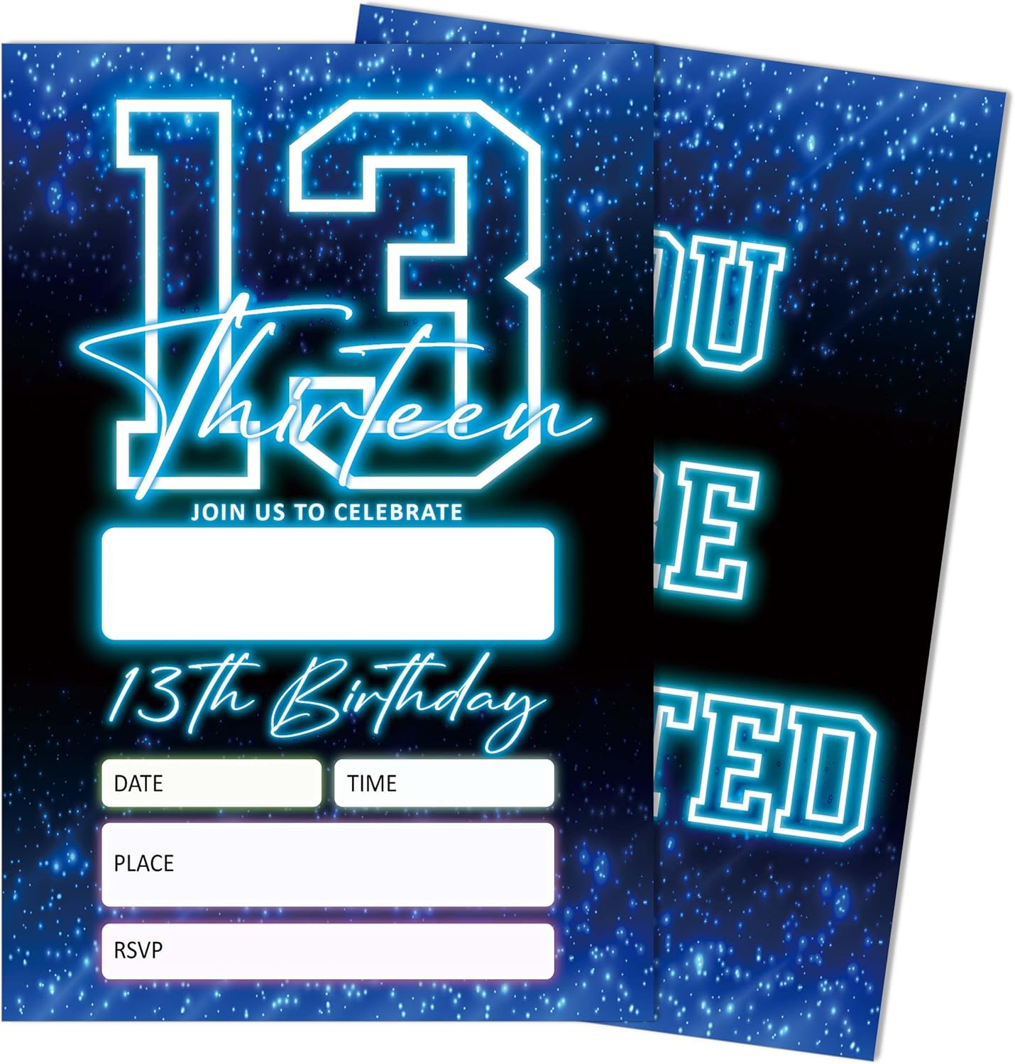 SIXEIGHT Blue 13th Birthday Party Invitations for Boys, Glow Neon Birthday Invitations, 20 Double Sided Invite Cards with Envelopes for Kids Girls, Party Decorations Supplies, 4"x6"-C13