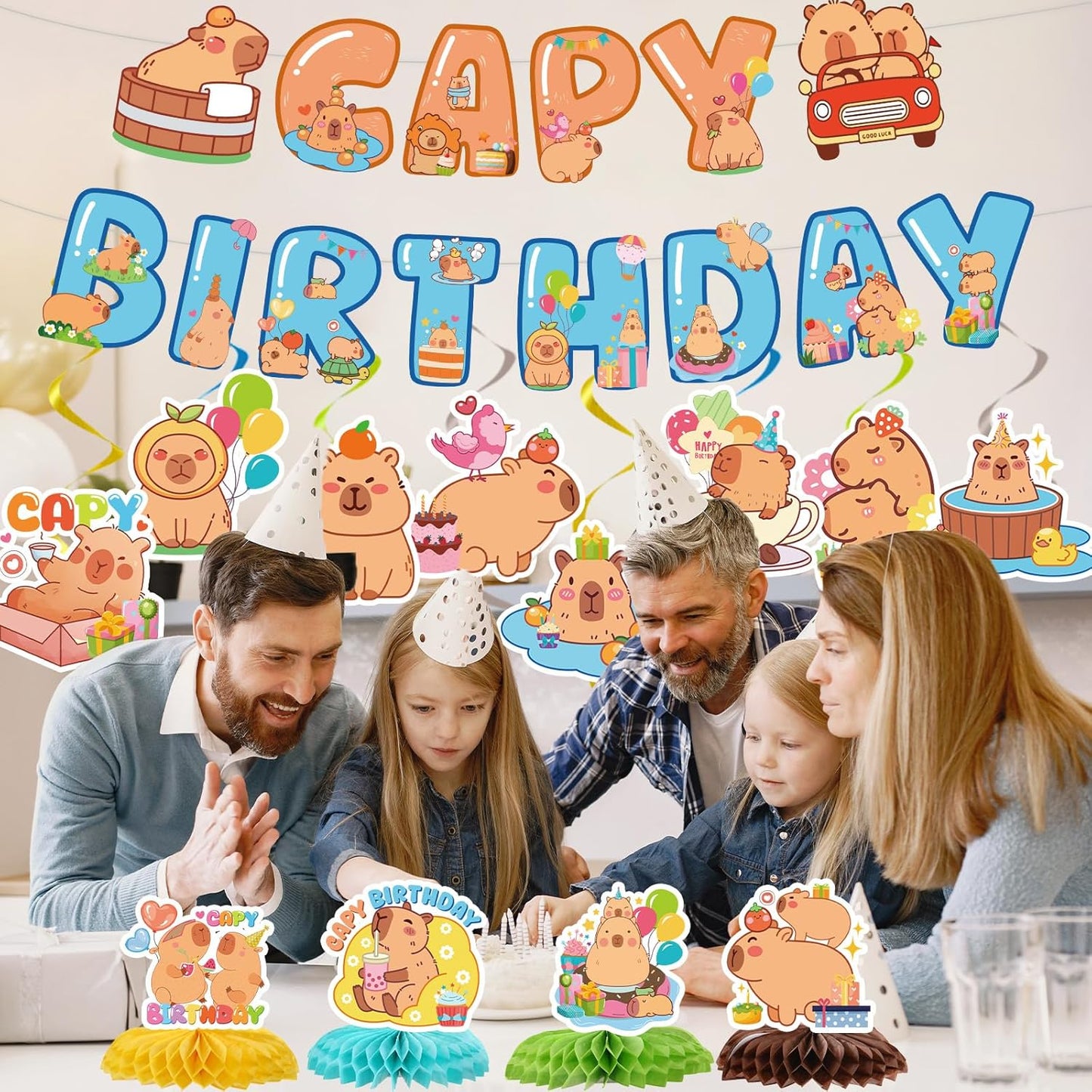 Capybara Birthday Party Decorations - 14PCS Capybara Banners with Hanging Swirls Bday Decoration Cute Capy Animals Honeycomb centerpieces Decor Supplies