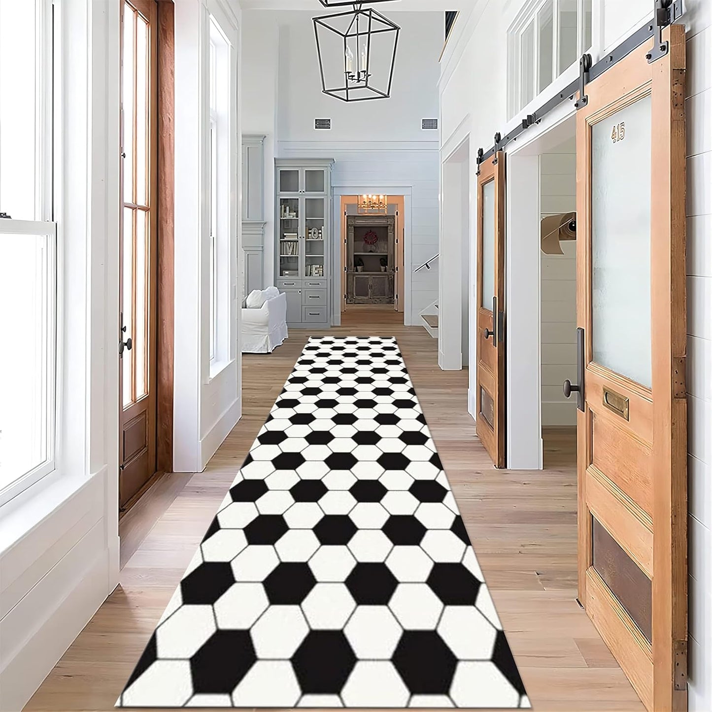 Football Pattern Runner Rugs for Hallway, 2.6x10ft, Black White Geometric Entrance Rug, Machine Washable High Traffic Rug, with Non Slip Backing Absorbent Carpet for Entryway Living Room