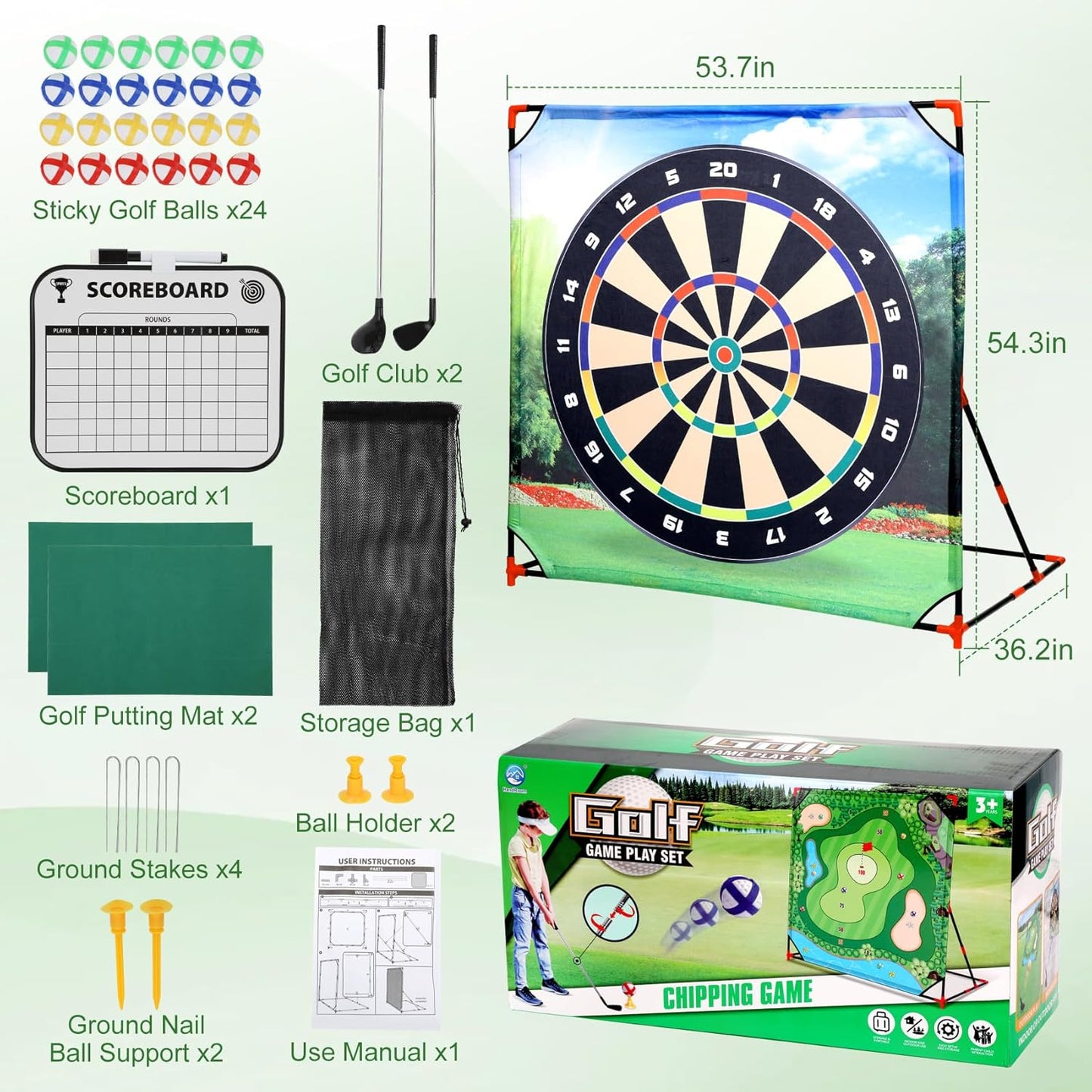 Portable Golf Chipping Game with Stand,Golf Target Battle Game with 54" x 54" Mat, 24 Sticky Golf Balls for Backyard & Lawn Fun, Indoor & Outdoor Practice for Family & Dads,Ideal Gift for Kids