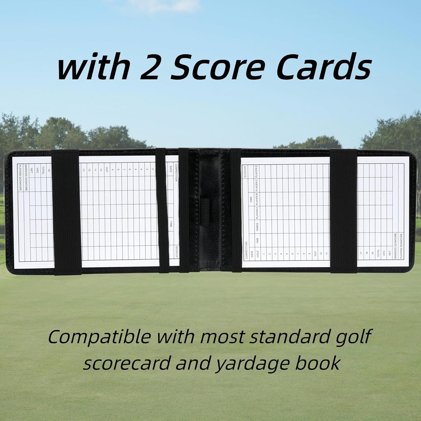 Golf Scorecard Holder PU Leather Yardage Book Cover with 2 Score Card,7.08"×4.33",Black