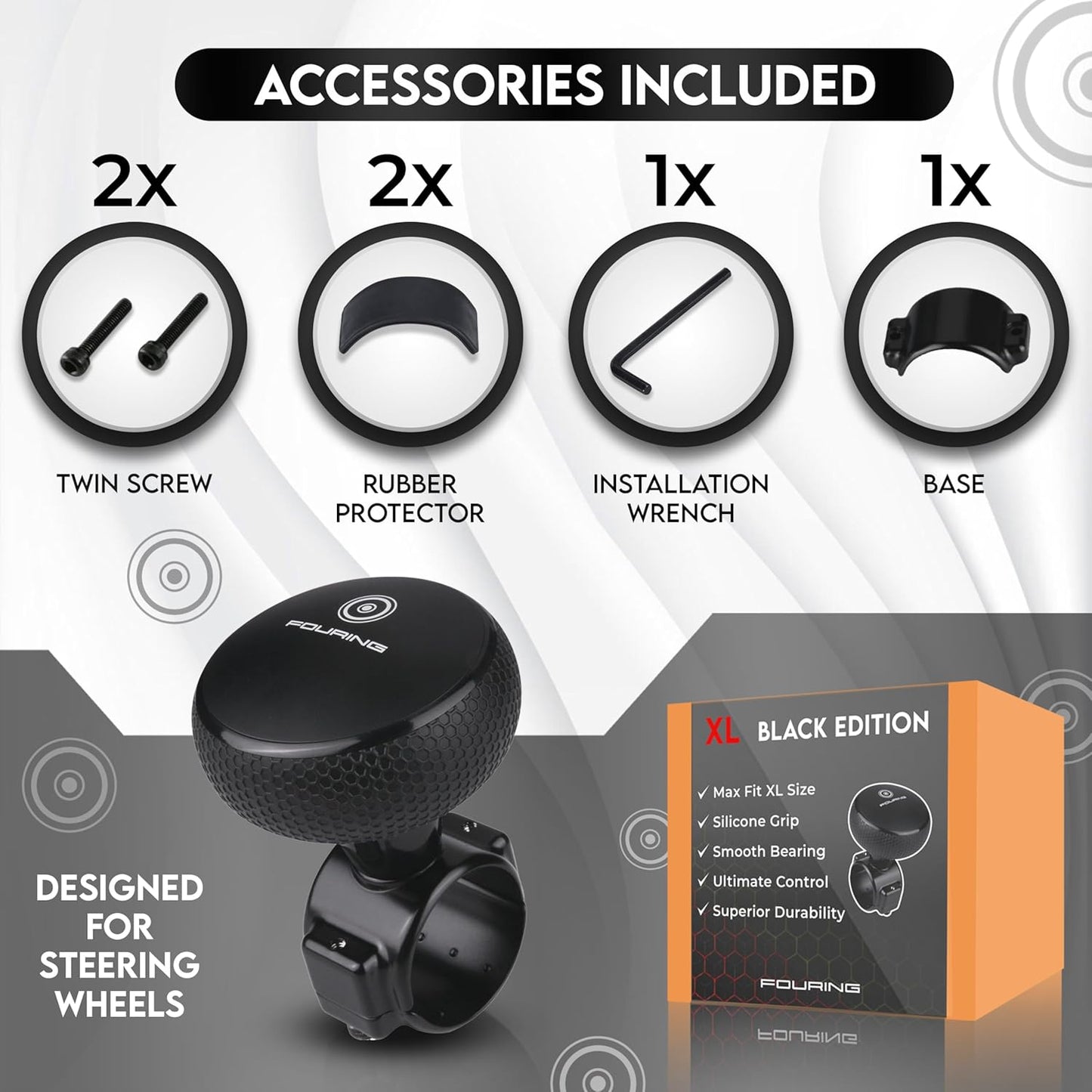 BL Steering Wheel Knob Spinner - Universal Non-Slip Fit, ABS & Premium Silicone Finish Suicide Knob with Metal Ball Bearing - Ideal for Cars, Trucks, Boats (Large- Black)