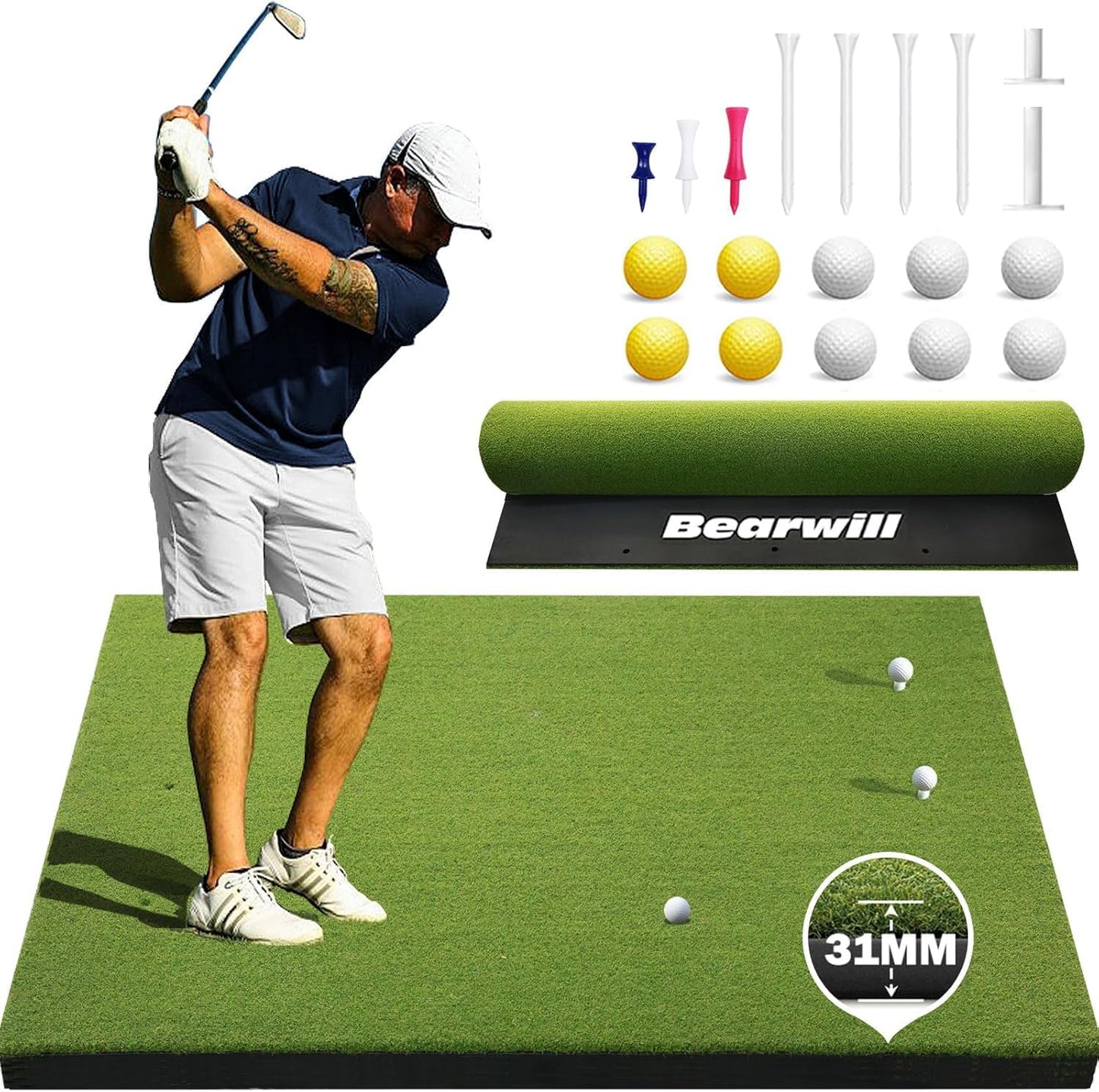Bearwill Golf Mat 31mm, 5x4ft/5x5ft Golf Hitting Mats for Practice Outdoor Indoor, High-Elasticity Artificial Turf Mat for Garage Simulator Chipping Driving Training