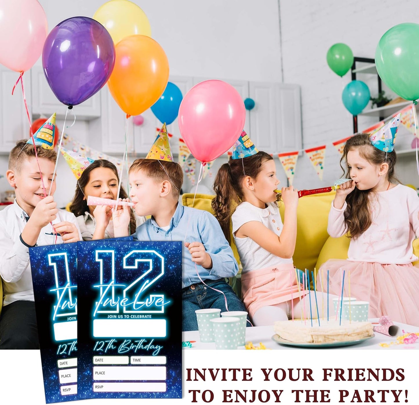SIXEIGHT Blue 12th Birthday Party Invitations for Boys, Glow Neon Birthday Invitations, 20 Double Sided Invite Cards with Envelopes for Kids Girls, Party Decorations Supplies, 4"x6"-C12