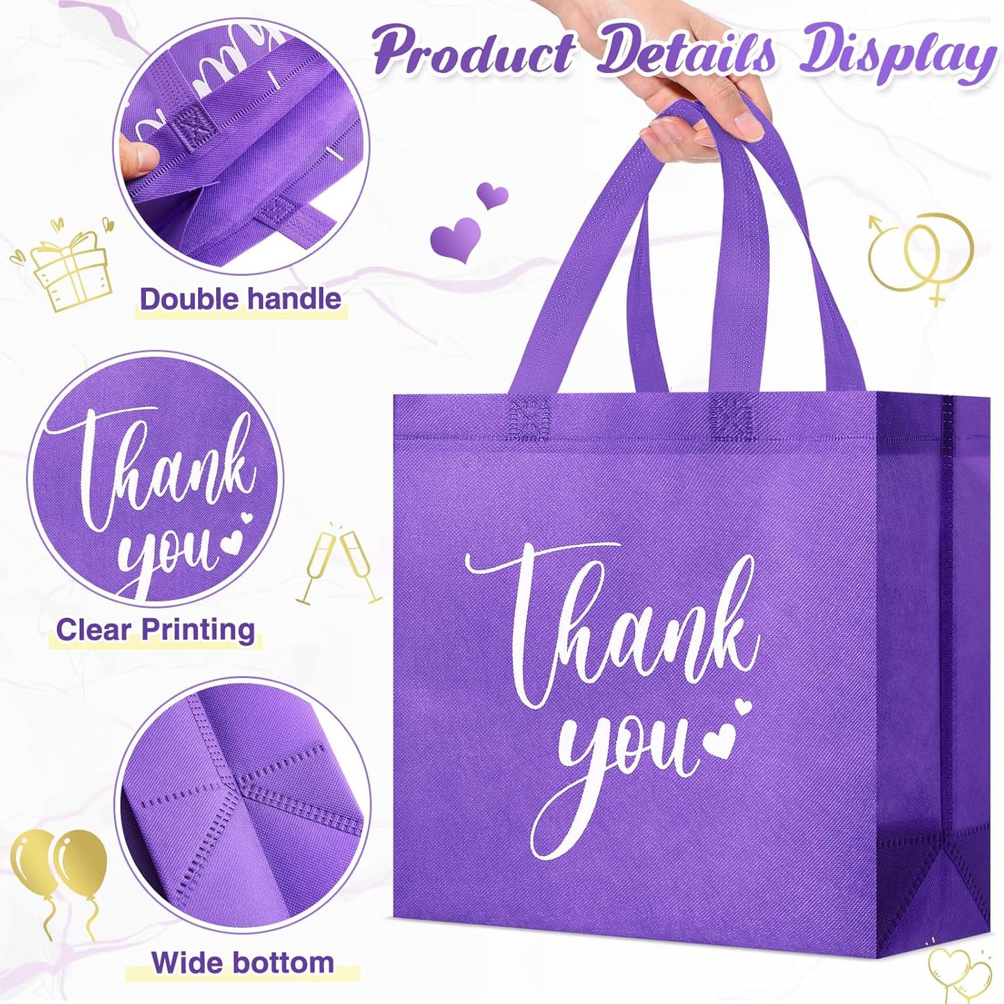 Sweetude 30 Pcs Thank You Gift Bags with Handles Bulk Reusable Goodie Bag Non Woven Foldable Handbag for Graduation Wedding Bridesmaid Gifts(11 x 12 x 5 Inch,Dark Purple)(11 x 12 x 5 Inch,Dark Purple)