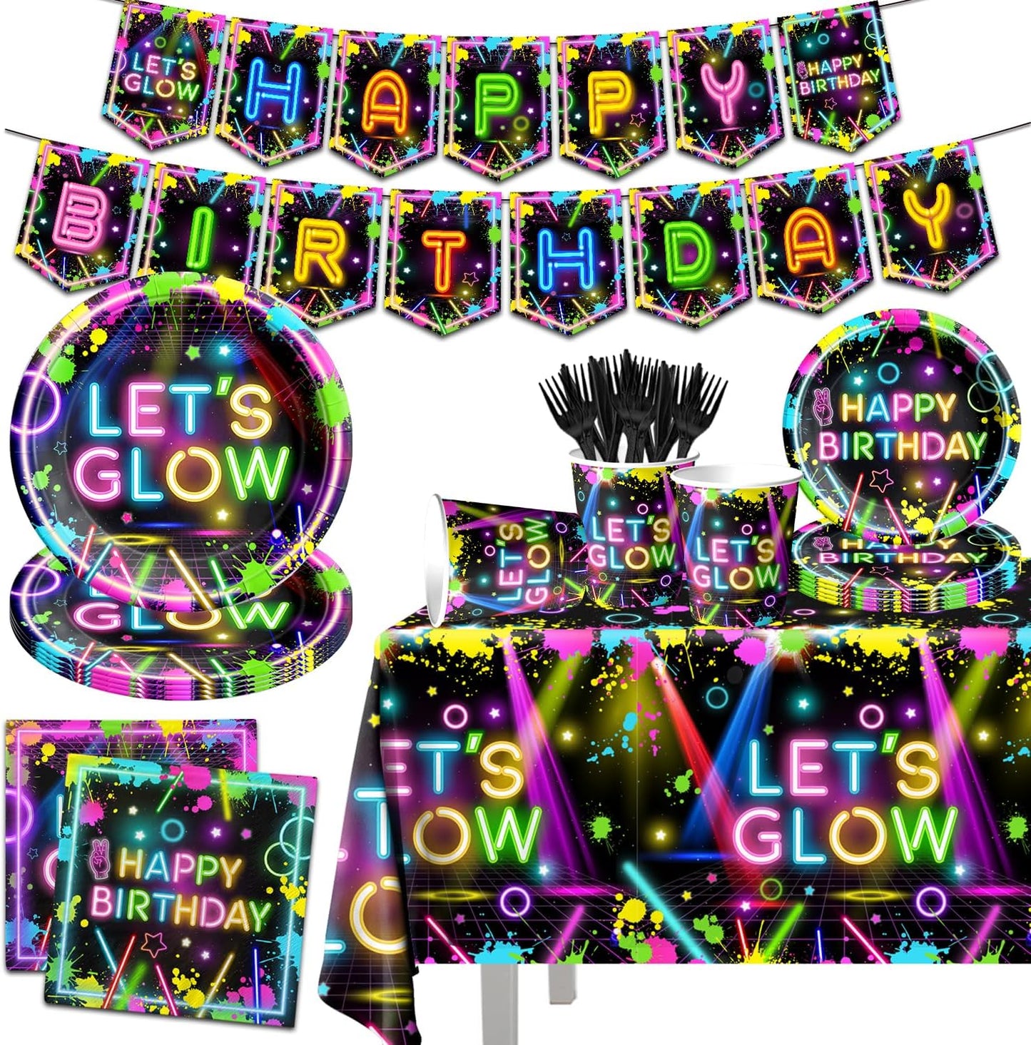Neon Party Supplies,142Pcs Let Glow Party Decorations Including Disposable Paper Plates,Cups,Tablecloths, Glow in the Dark Theme Decoration for Birthday Baby Shower Party