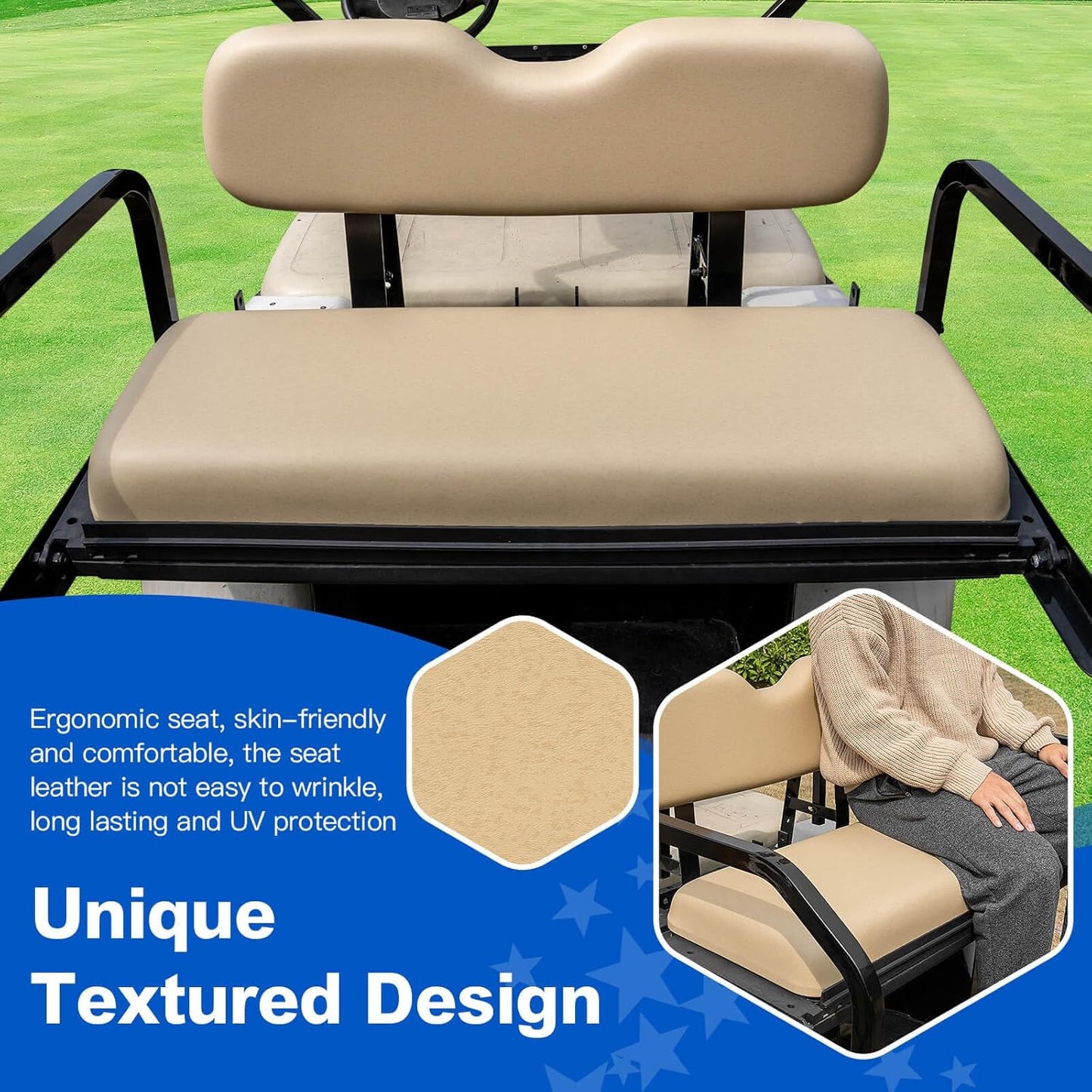 NOKINS Golf Cart Rear Seat Replacement Cushion, Universal Back Seat Cushions for Yamaha/EZGO TXT/RXV/Club Car Precedent/DS, Waterproof Vinyl Leather & Memory Foam, Buff