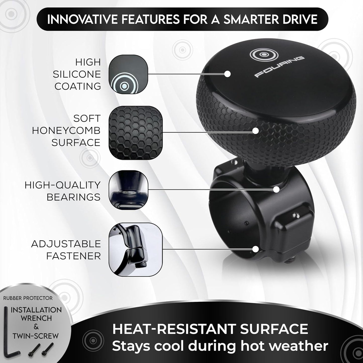BL Steering Wheel Knob Spinner - Universal Non-Slip Fit, ABS & Premium Silicone Finish Suicide Knob with Metal Ball Bearing - Ideal for Cars, Trucks, Boats (Large- Black)
