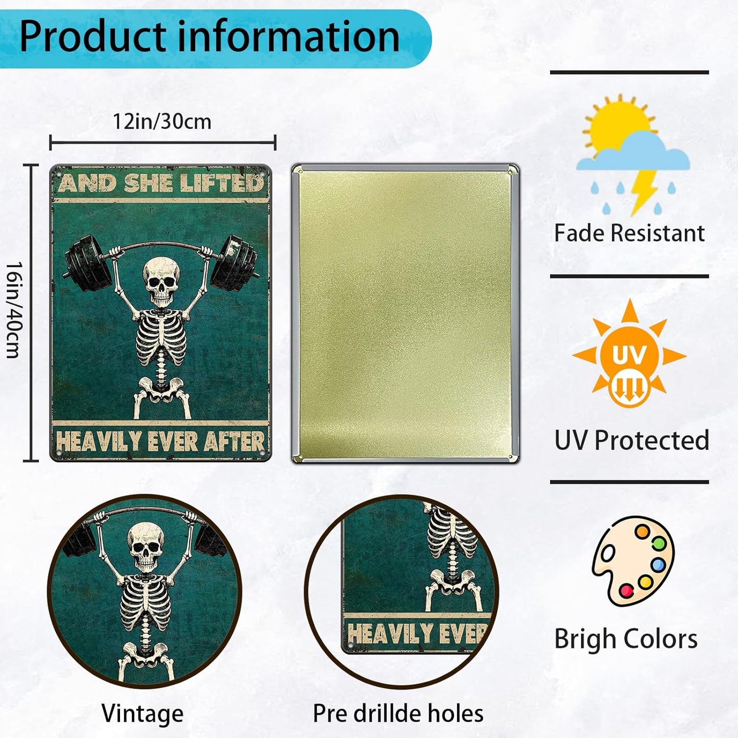 Skeleton Vintage And She Lifted Heavily Ever After Metal Tin Sign 12x16 Inch Gym Metal Poster Funny Skull Gym Tin Sign Home Kitchen Garden Bar Coffee Restaurant Bathroom Are Wall Decor