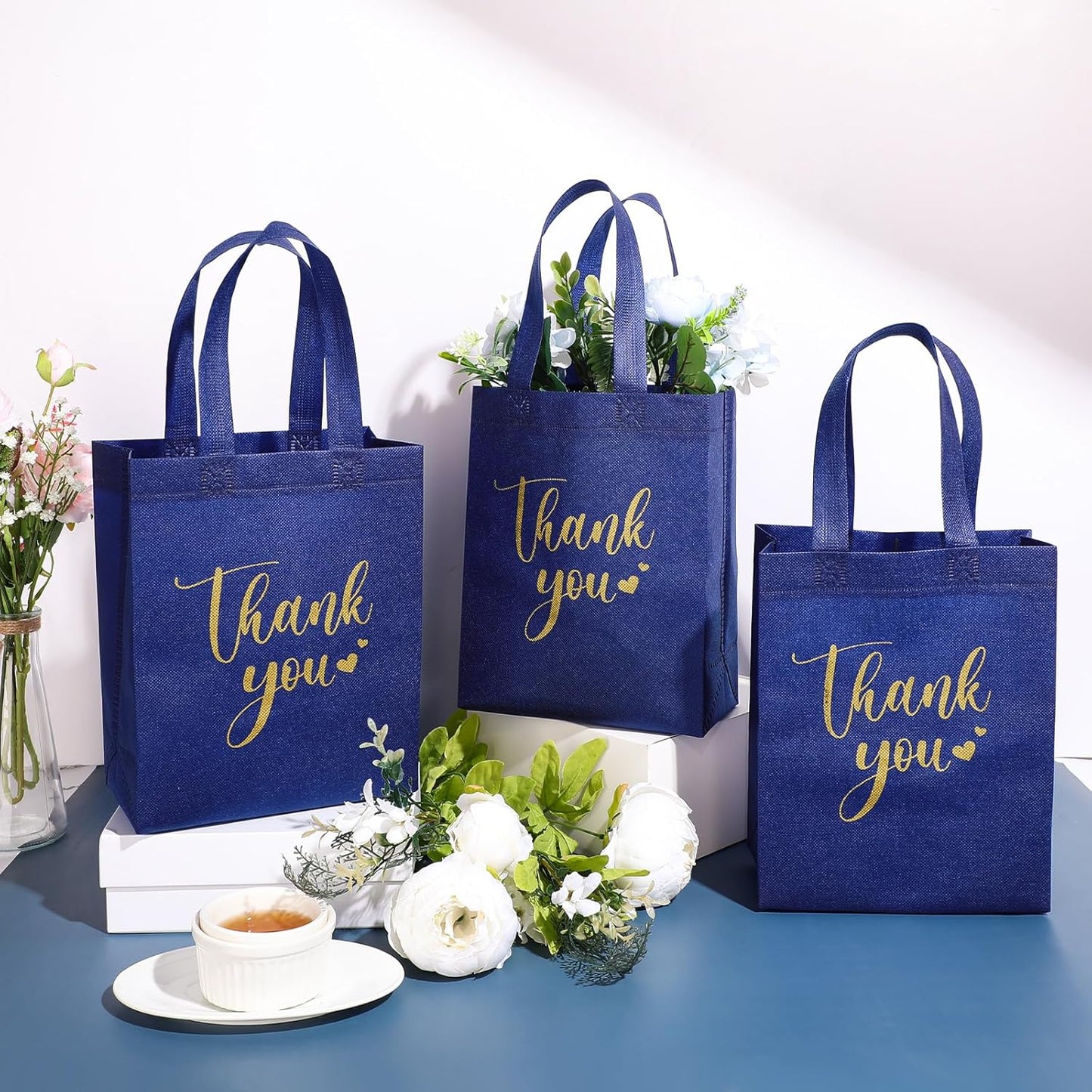 Sweetude 30 Pcs Thank You Gift Bags with Handles Bulk Reusable Goodie Bag Non Woven Foldable Handbag for Graduation Wedding Bridesmaid Gifts(10 x 8 x 4 Inch,Navy Blue)