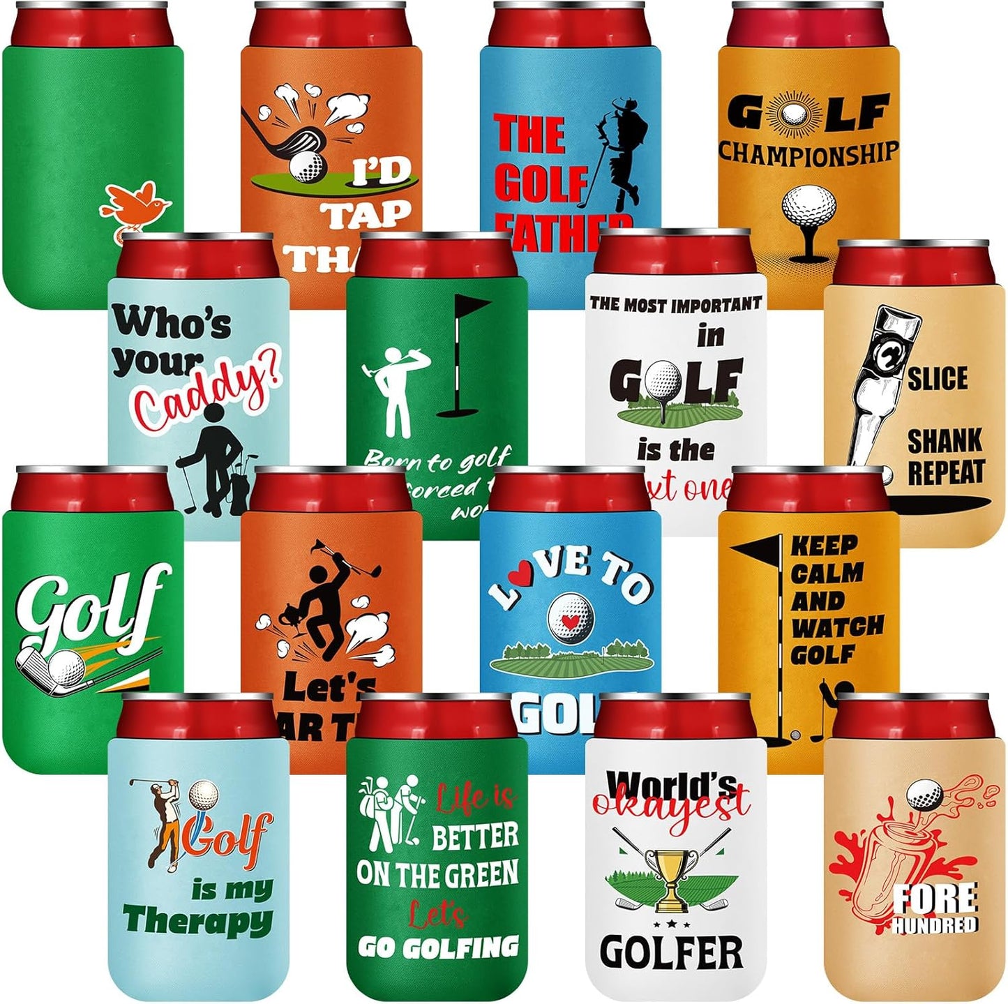 Domensi 16 Pcs Golf Gifts Funny Golf Party Themed Can Cooler Insulated Can Sleeve Bulk Golf Party Supplies for Golfer Game Outdoor Activities Decorations, 12 oz Can (Vibrant)