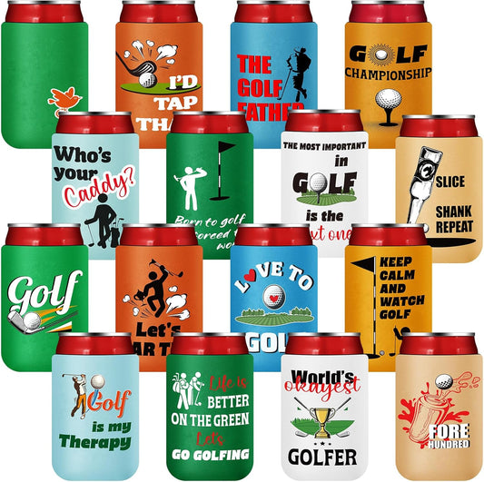 Domensi 16 Pcs Golf Gifts Funny Golf Party Themed Can Cooler Insulated Can Sleeve Bulk Golf Party Supplies for Golfer Game Outdoor Activities Decorations, 12 oz Can (Vibrant)
