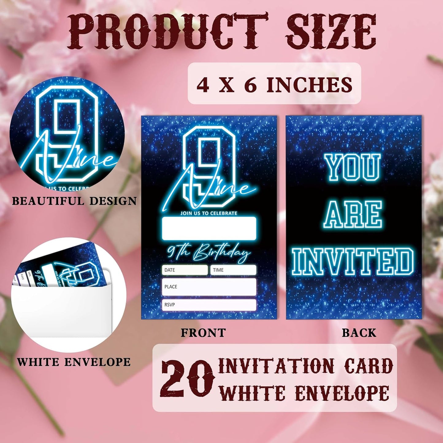 SIXEIGHT Blue 9th Birthday Party Invitations for Kids, Glow Neon 9th Birthday Invitations for Boys Girls, 20 Pack Blue Invites with Envelopes, Glow Neon Party Decorations Supplies, 4"x6"-C09