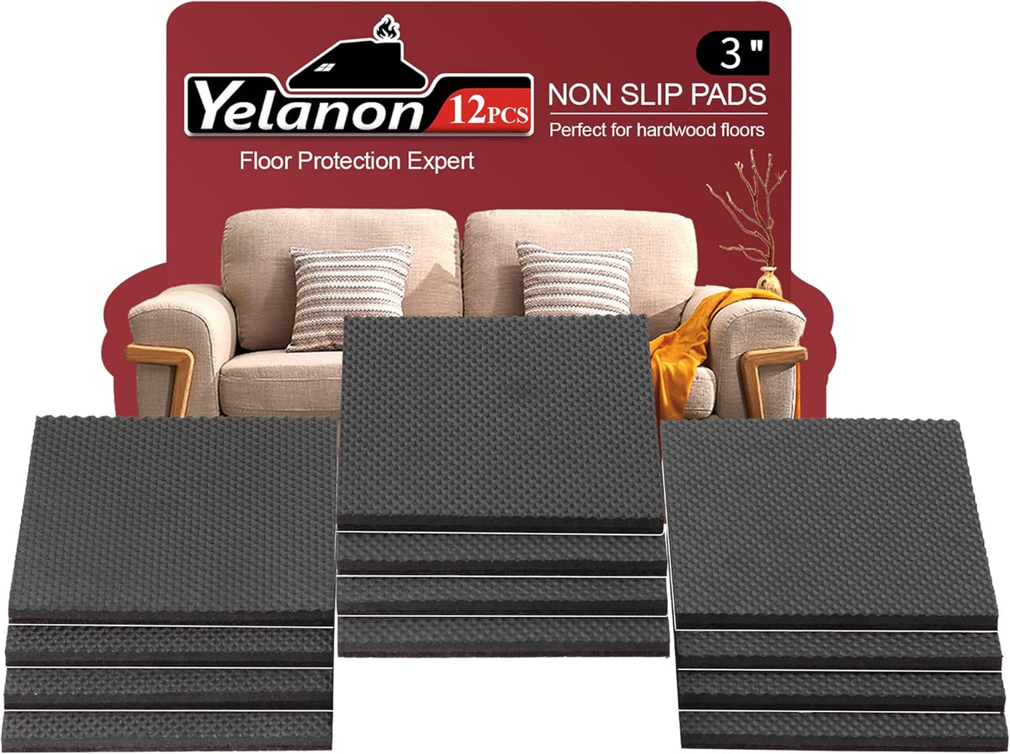 YELANON Non Slip Furniture Pads - 12 pcs 3”Square Furniture Grippers, Non Skid for Furniture Legs, Feet Furniture Feet, Anti Slide Furniture Hardwood Floor Protector for Keep Furniture in Place