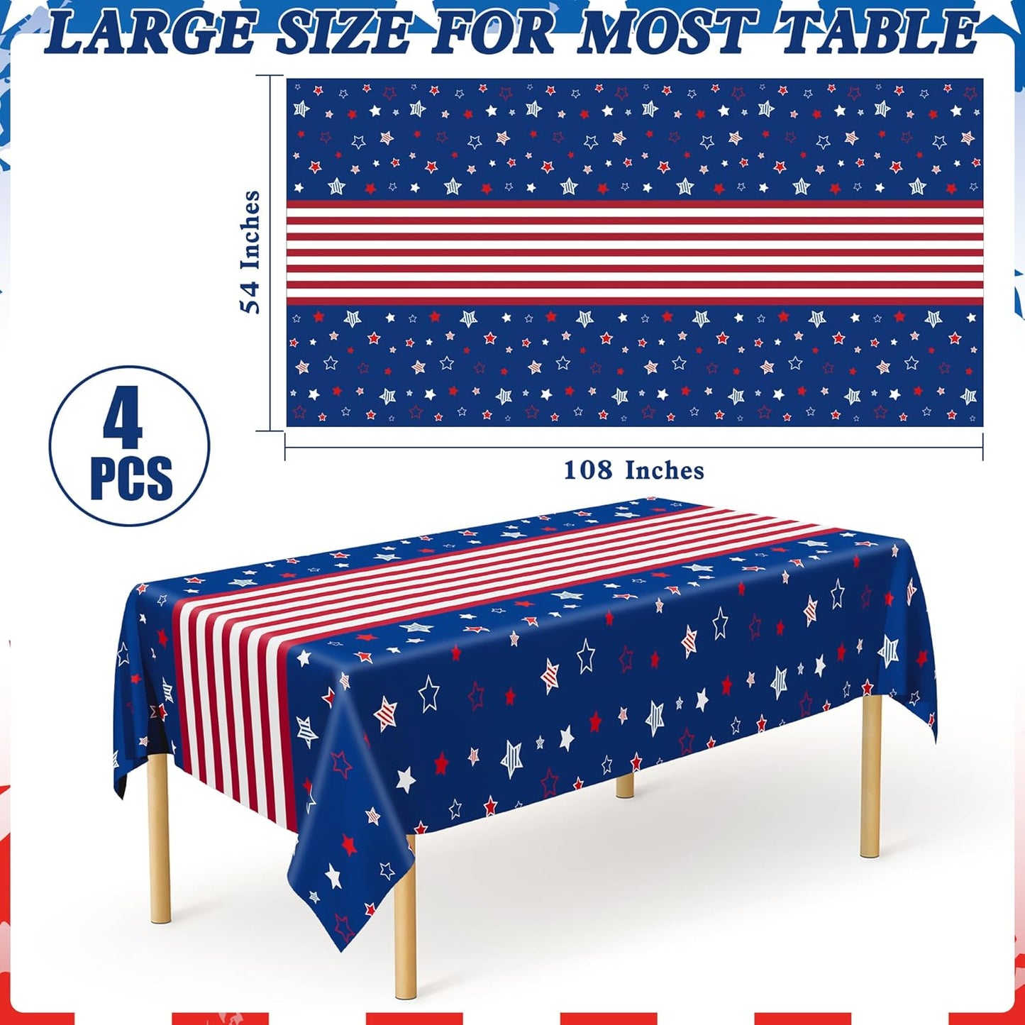 QZYL 4 Pack 4th of July Decorations, 54" x 108" USA Plastic Table Cloth, Tear Resistant Patriotic Tablecloth Fourth of July Tablecloths American Tablecover, Red White Blue Party Supplies