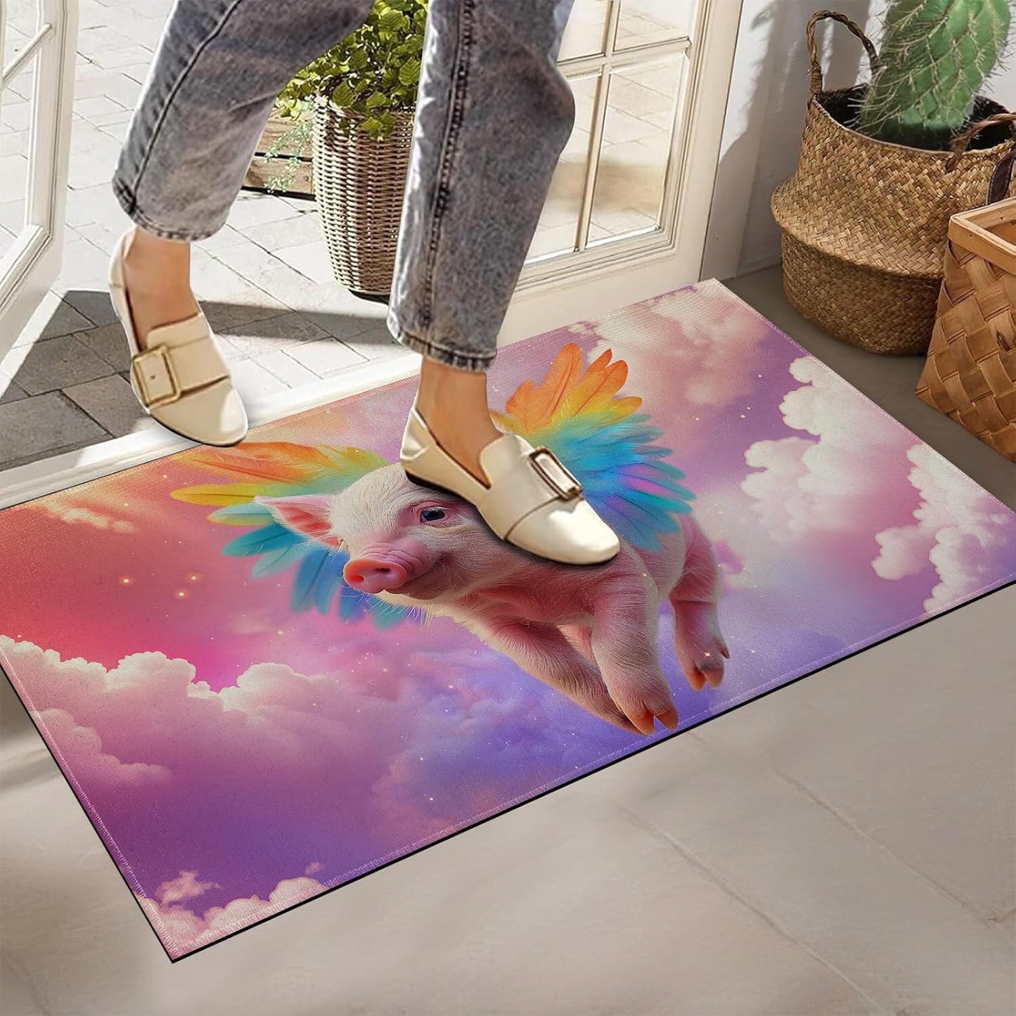 Rainbow Pink Pig Indoor Doormat, Non-Woven Fabrics Non Slip Floor Mat 17x29.5 in Area Rug Quick Absorbent Entrance Rug Front Door Mat, Welcome Mats Entryway Rug Doormats for Kitchen Home Bedroom