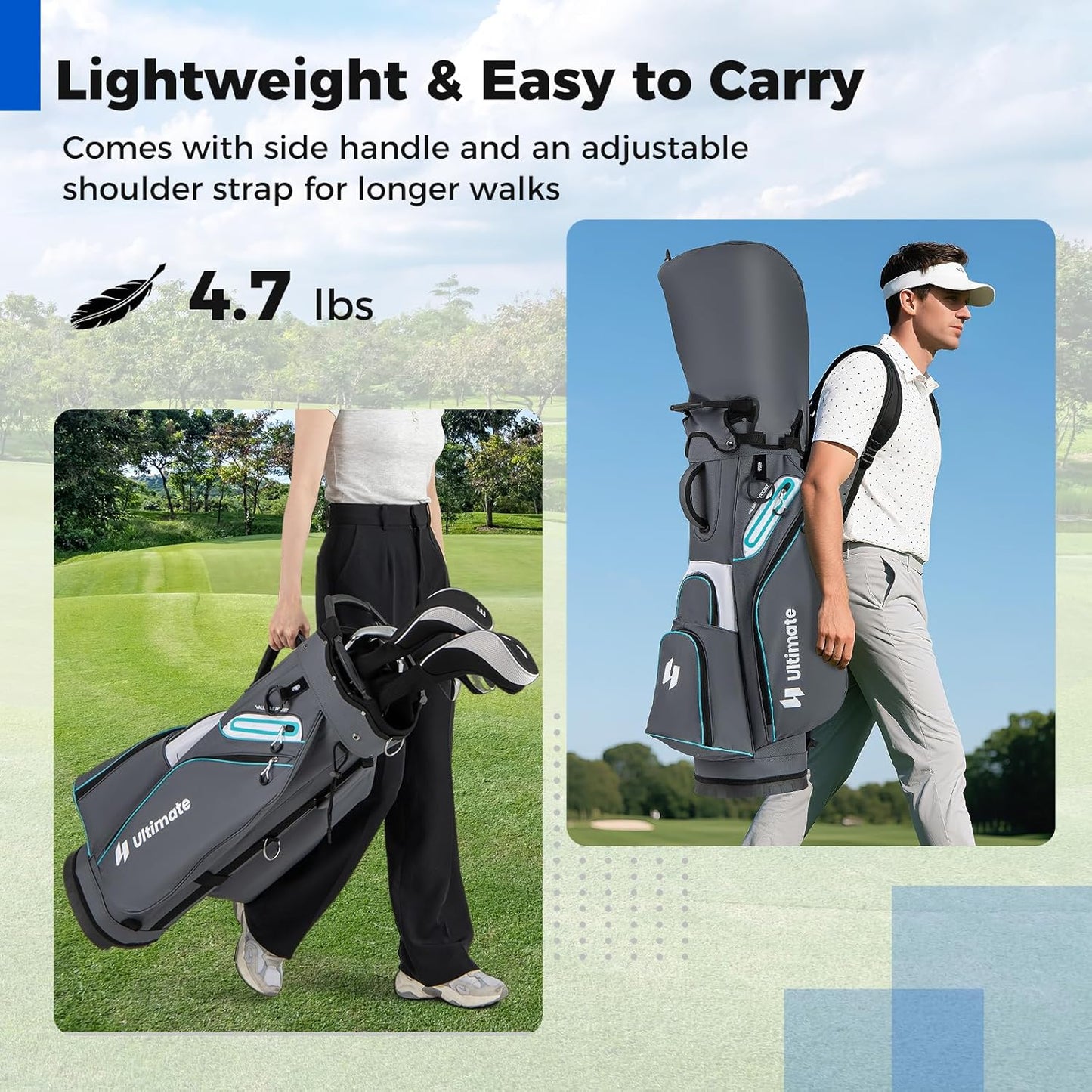 ULTIMATE Golf Cart Bag, Lightweight 14-Way Organizer Divider Top with 6 Pockets, Cooler Pocket, Rain Hood, Adjustable Shoulder Strap and Lift Handles, Portable Golf Club Bag for Men & Women