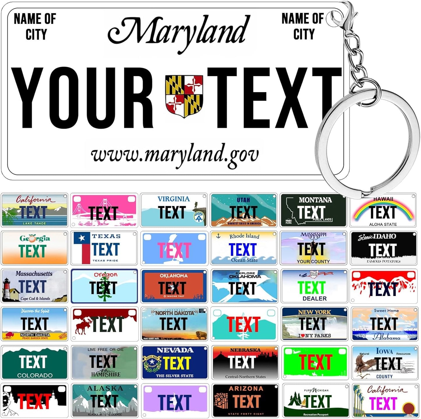 License Plate Keychain,Custom Maryland State License Plate Key Chains - Select from All 50 States - Personalized Customizable Car Tag Key Chain,Metal Customized Car Tag Keychain