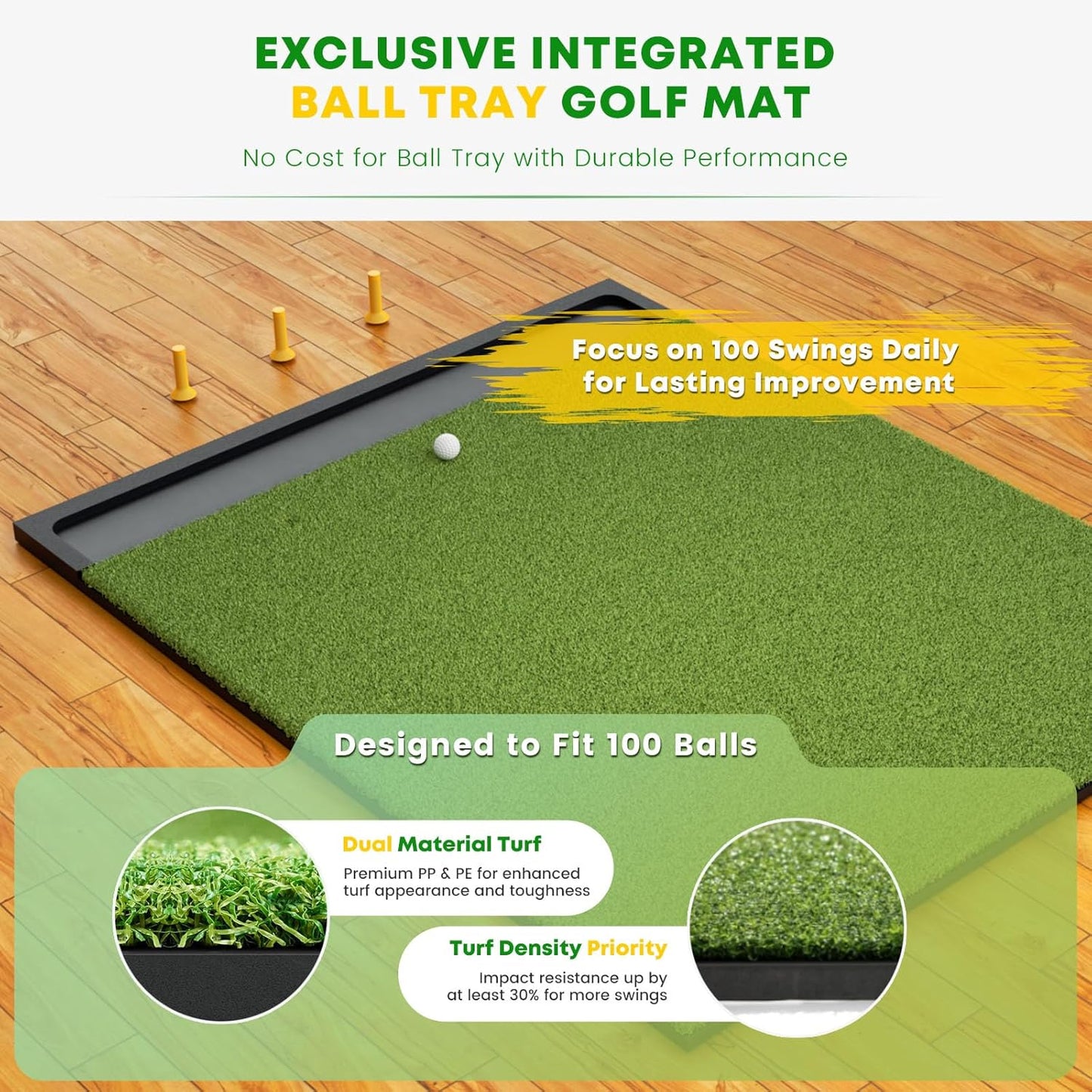Integrated 6x4ft 26mm-31mm Golf Mat with Ball Tray, Thickening Golf Mats Practice Outdoor & Indoor, Artificial Turf Matt with 3 Tees for Hitting, Driving Chipping, Swinging