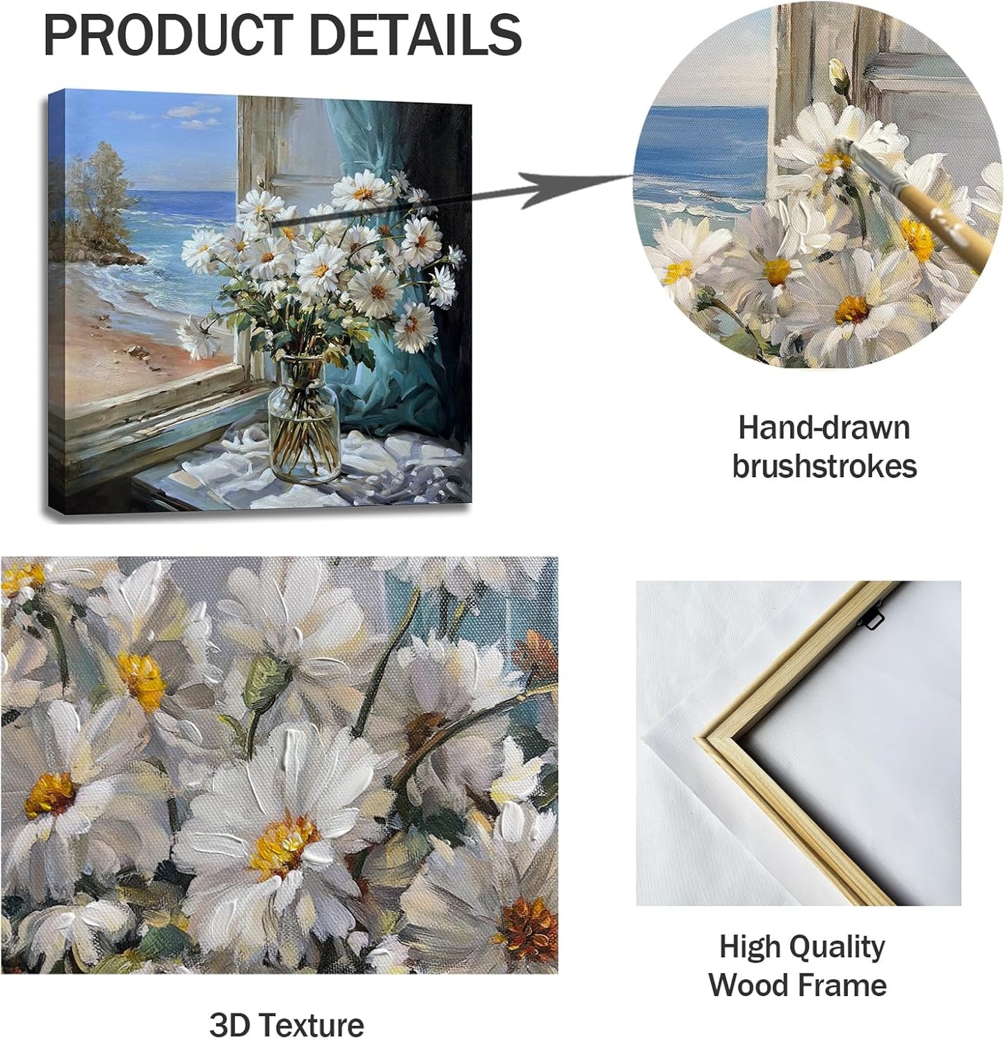Bathroom Wall Decor White Flowers Canvas Wall Art Print Blue Beach Picture Ocean Modern Poster Coastal Seascape Painting Floral Daisy Artwork for Office Bedroom 20"x20"
