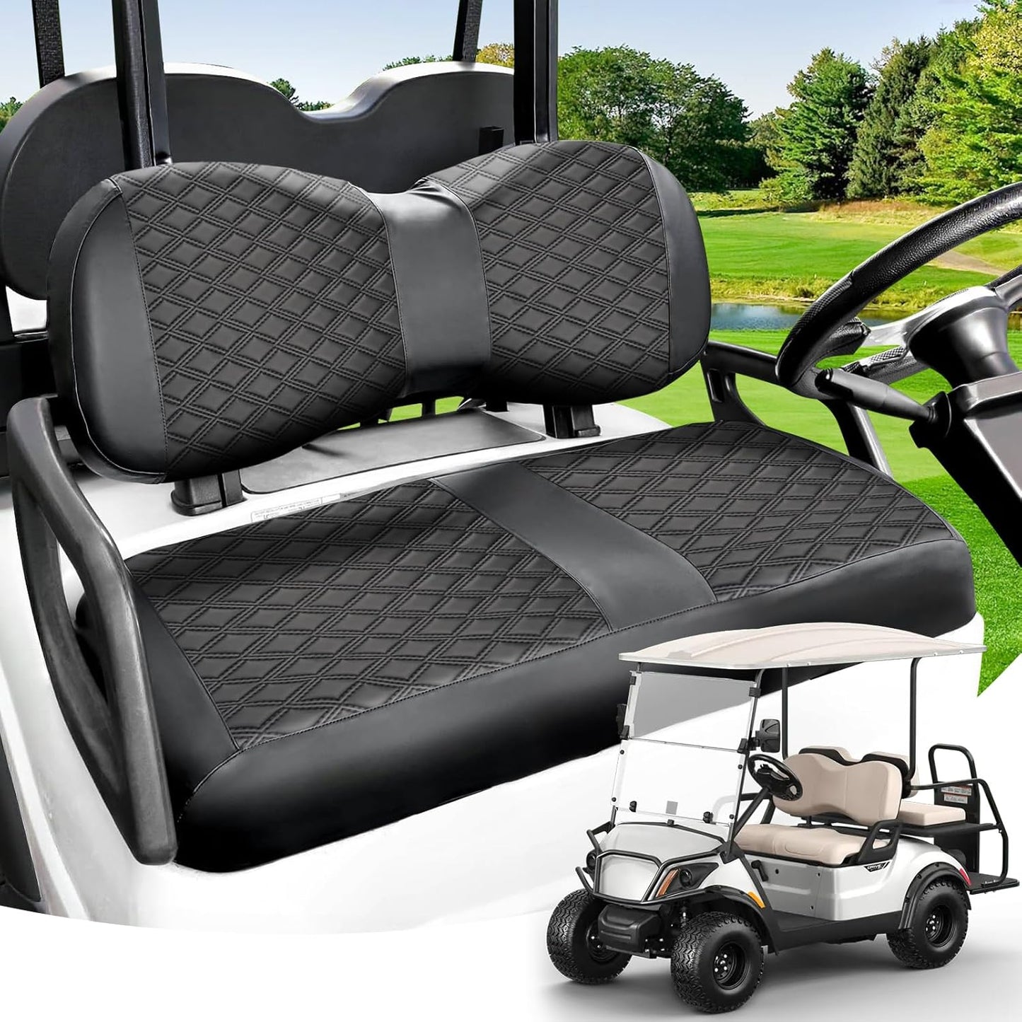 QUNSUNUS Golf Cart Seat Cover for Yamaha Drive G29/Drive 2 OEM Standard Seat Cushion,Easy to Install Front Leather Golf Seat Cover with Elastic Edges and Strap(2PS)