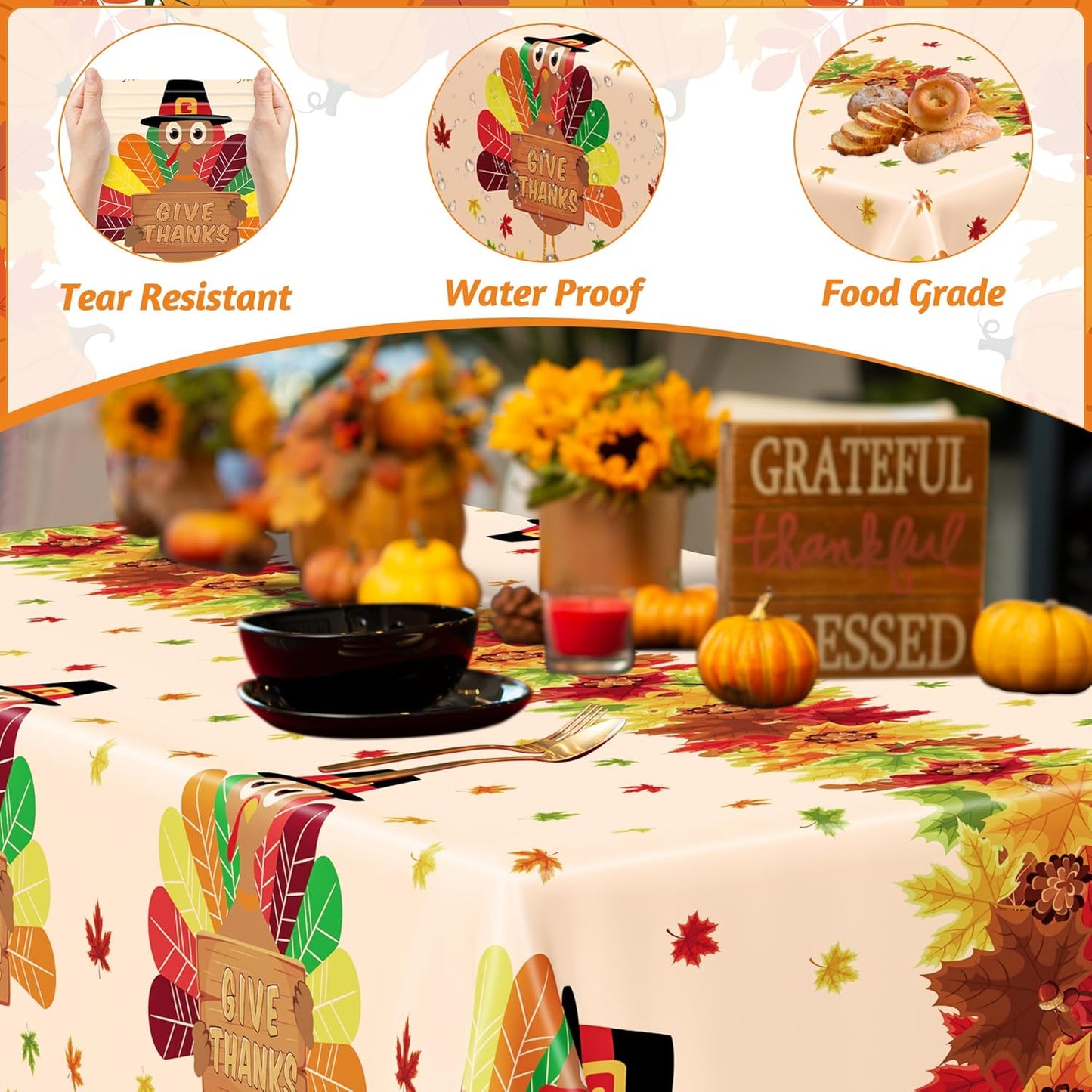 6 PACK Thanksgiving Disposable Tablecloths, 54" x 108" Fall Plastic Tablecloth, Maple Leaves Turkey Table Cloth Rectangle Tablecover, Thanksgiving Table Decorations Harvest Decor Fall Party Supplies