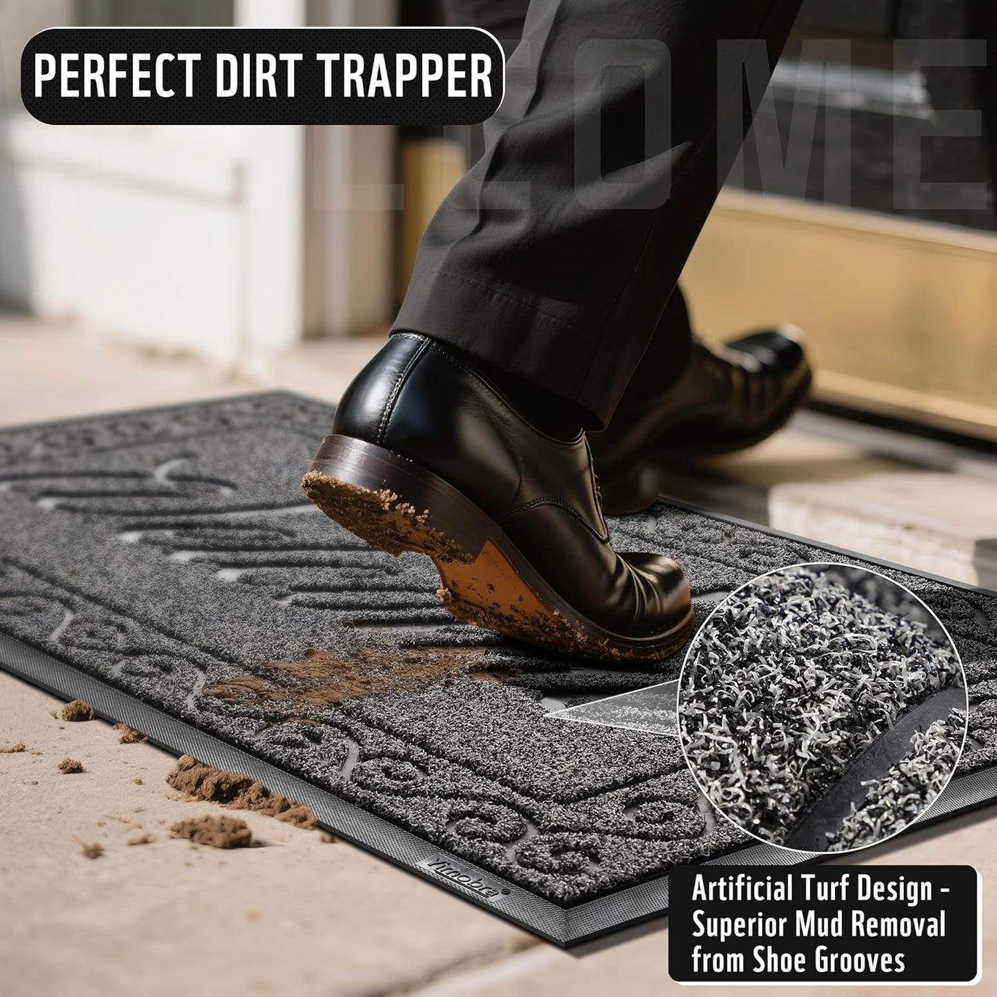 Yimobra Welcome Mat, Heavy Duty Sturdy Door Mats for Home Entrance Outdoor Indoor, Front Doormat for Outside Patio Floor Entry Porch Garage Office, Waterproof, Low Profile, 60 x 36, Black Grey