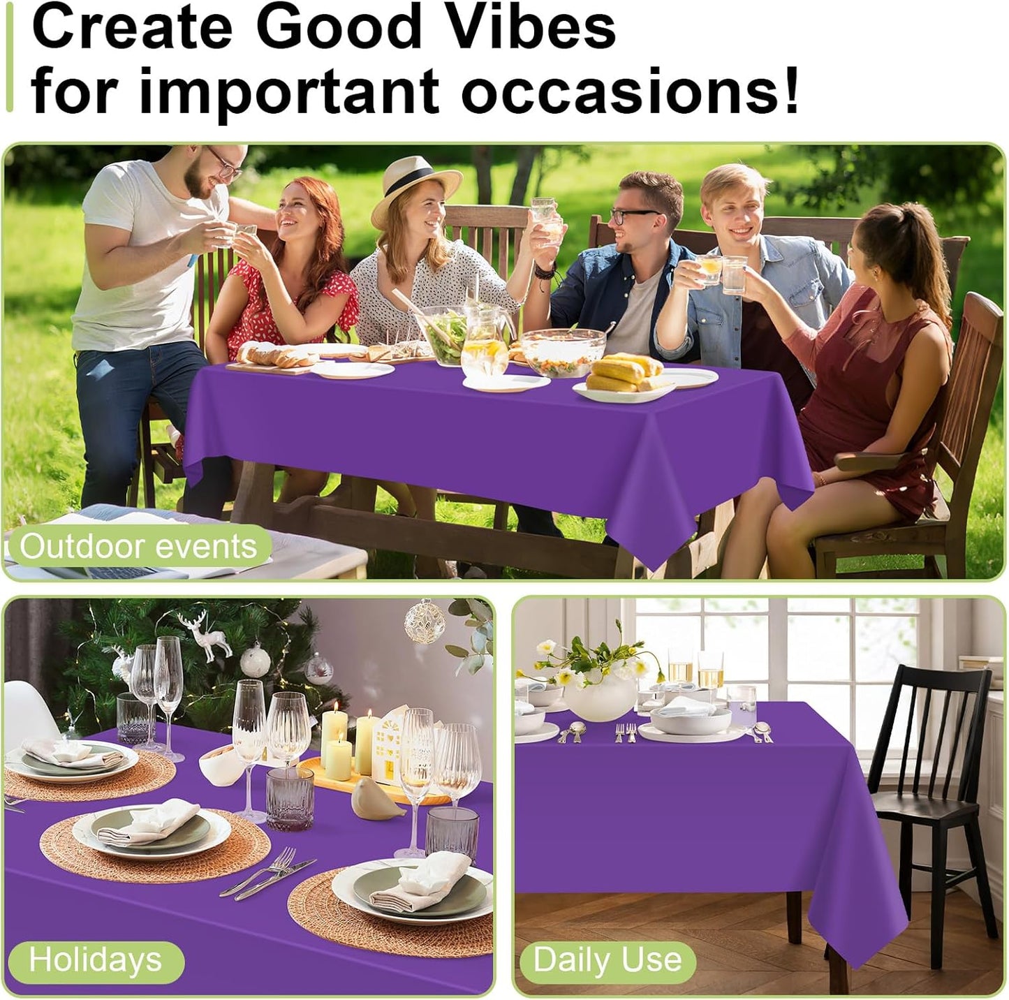 QIKSION Plastic Table Cloth Disposable 3 Pack, 54 x 108 Inch Tablecloths for Rectangle Tables, Purple Plastic Table Cover