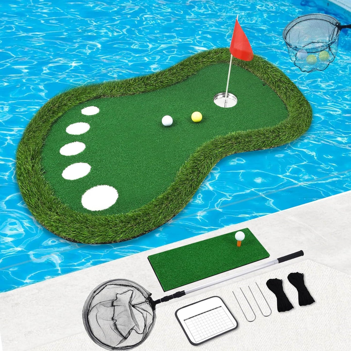 Floating Golf Green for Pool, Patented Pool Golf Game Floating Mat with Ball Retrieve Net/Scoreboard for Party & Training
