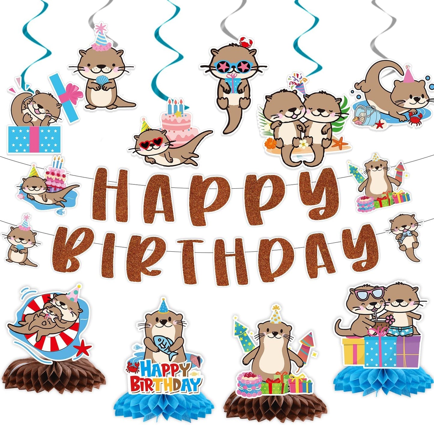 Otter Birthday Party Decorations - 12PCS Sea Otter Party Decorations Happy Birthday Banners Hanging Swirls Honeycomb Centerpieces Under the Sea Ocean Animal Themed Supplies Decor