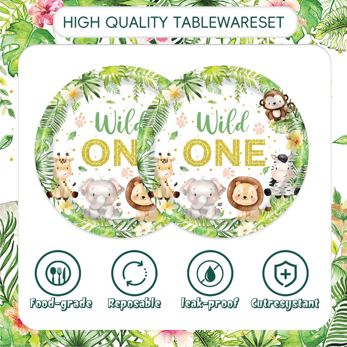 48Pcs Wild One Birthday Decorations Disposable Jungle Safari Plates and Napkins Forks Supplies Serves 16 1st Birthday Decorations Girl Boy