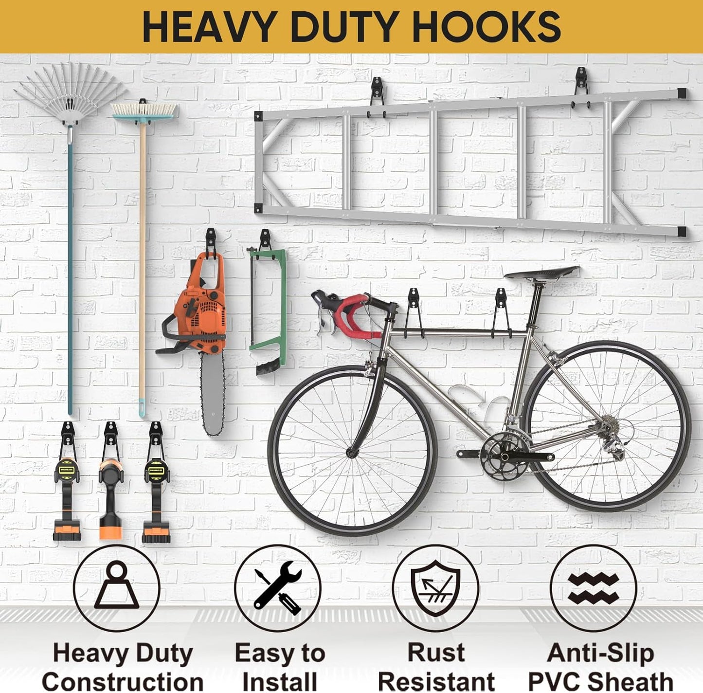 TICONN 2 Pack Heavy Duty Garage Hooks, Steel Utility Wall Storage Hooks, Wall Mount Hanger Organizer for Ladders, Bikes, Tools, Bulky Items (Medium, Black Square)
