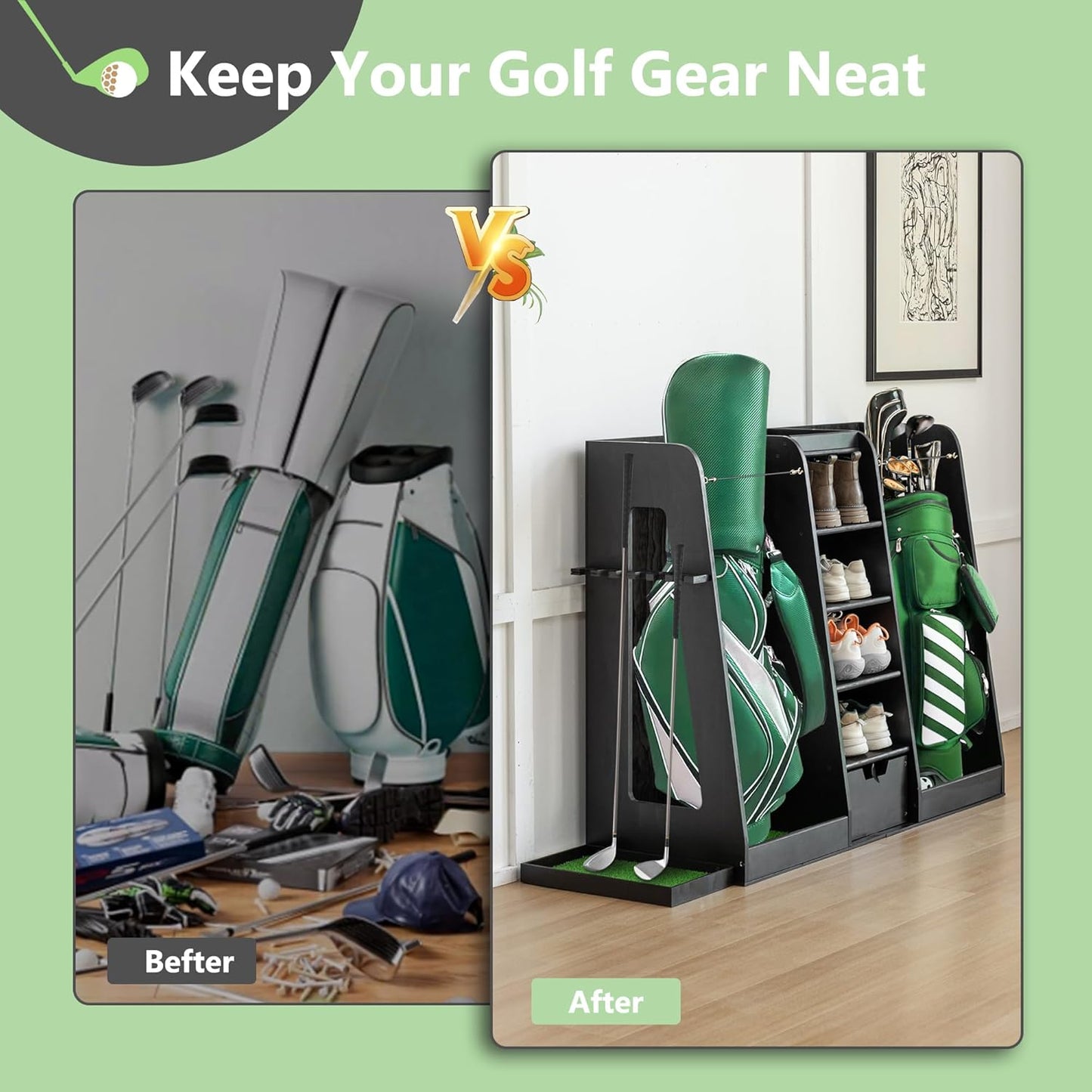 Advanced Wooden Golf Bag Organizer and Storage Rack - can Accommodate 3 Golf Bags and 3-5 Golf Clubs/Hockey Sticks, Golf Balls, Inside and Outside The Garage shed Basement