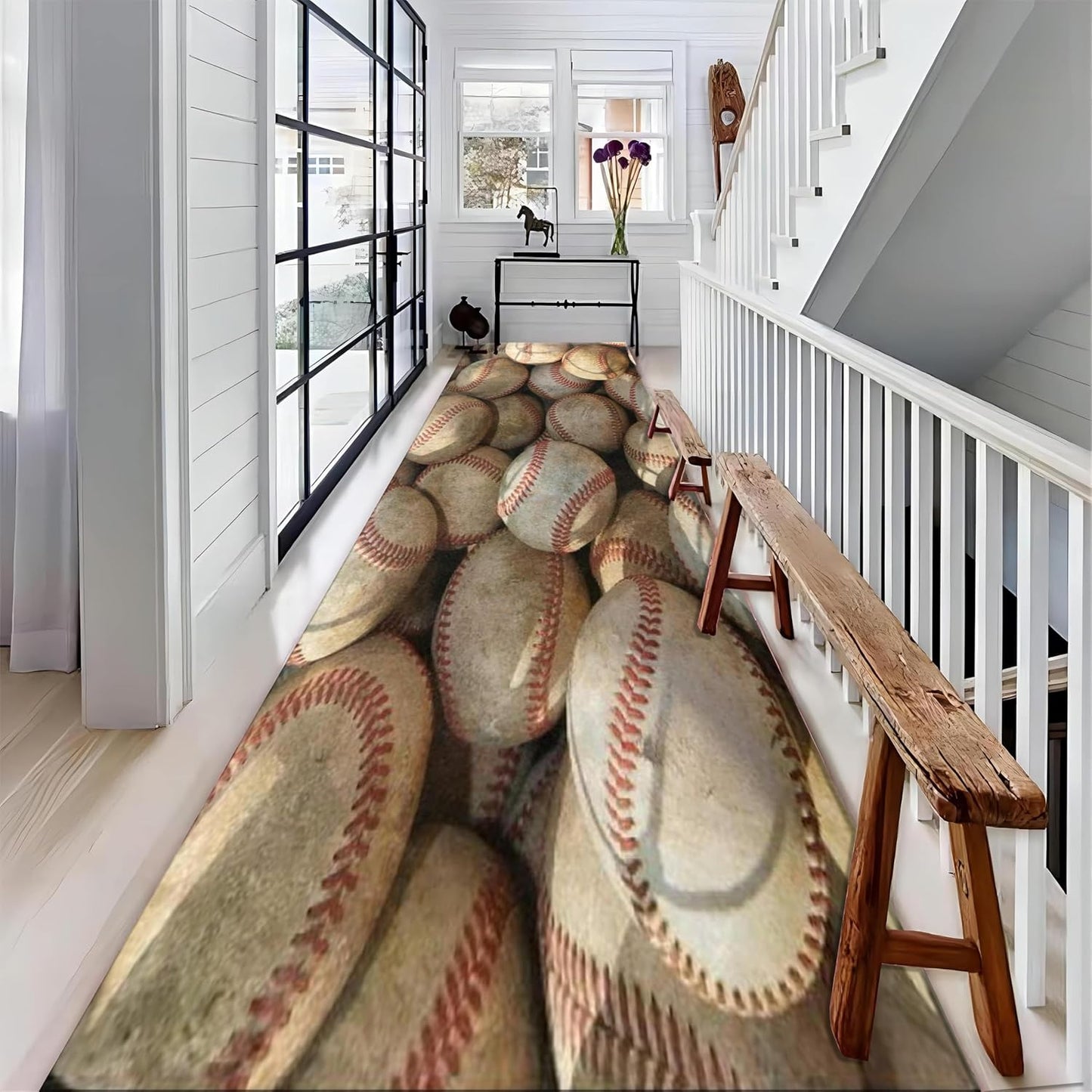 Baseball Long Hallway Rug Runners, 4x12ft, Sports Field Indoor Carpet, Reduce Noise Breathable Soft Entry Rug, Non-Shedding Pet Friendly Foldable Area Rug for Indoor Entry Entryway