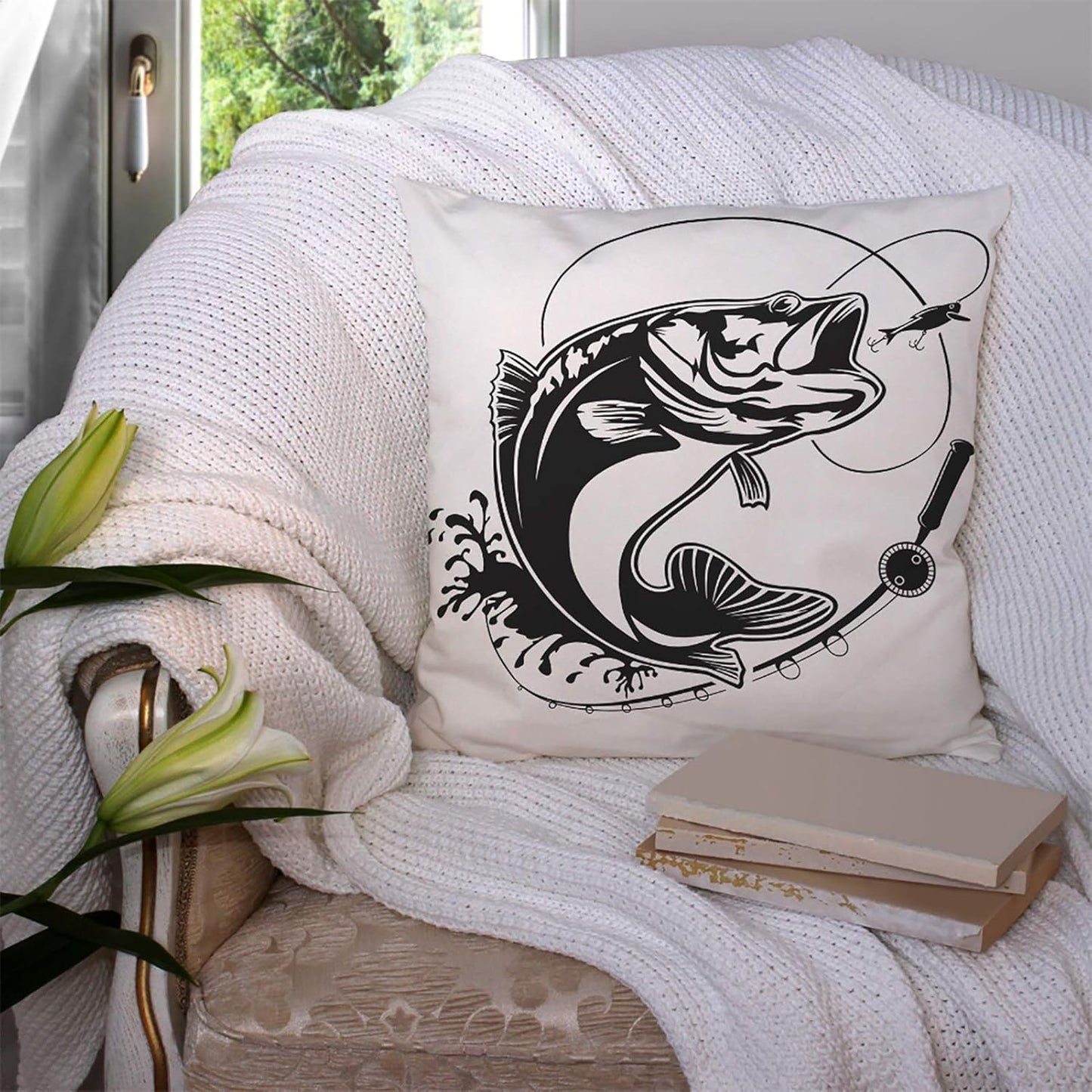 Throw Pillow Covers Black Walleye Fishing Bass Fish Club Emblem White Jump Lure Cotton Linen Decorative Square Pillowcases Cushion Cover 18 X 18 Inch