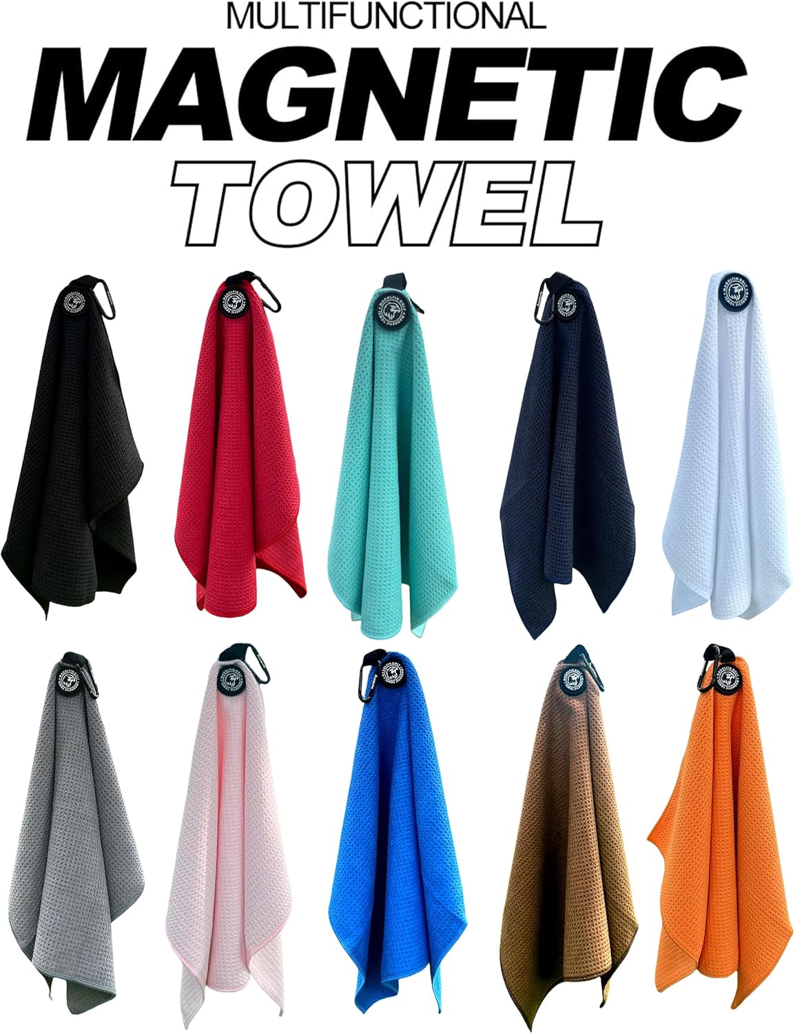 Magnetic Golf Towel with Clip, Microfiber Waffle Design - Industrial Strength Magnet for Strong Hold to Golf Bags, Carts & Clubs - White