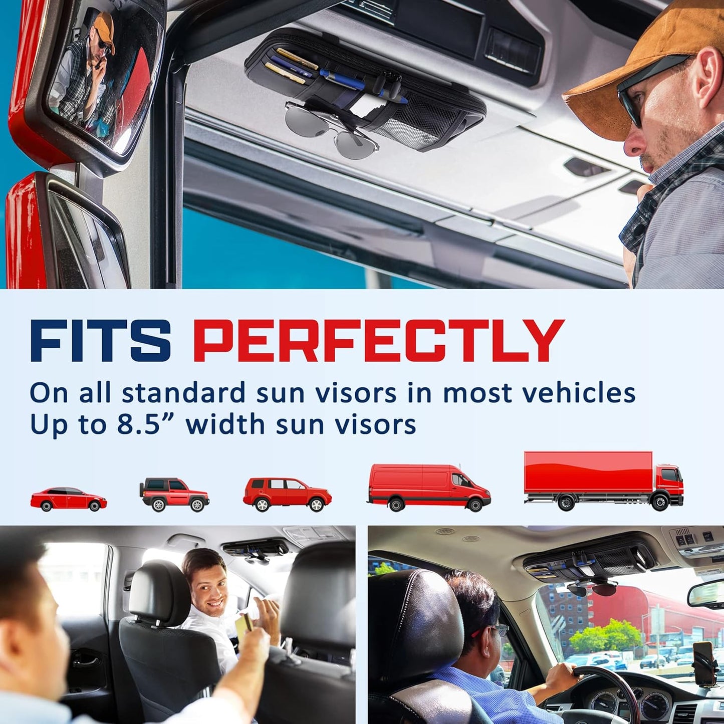 Car Sun Visor Organizer – Car, SUV, Truck Interior Accessories - Magnetic Glasses Holder & Full Length Horizontal Pockets, Allows Safe Driving - 12.2 X 6.1 In (Black (Upper Pen Holder))