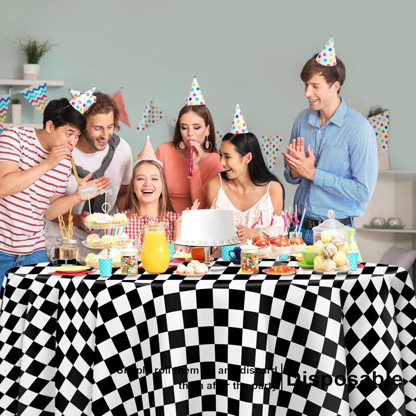 3 Pack Black and White Checkered Tablecloth, Round Black Checkered Flag Plastic Table Cloths for Parties Disposable, 84x84 in Waterproof Race Car Tablecloth for Birthday Party Halloween Picnic School