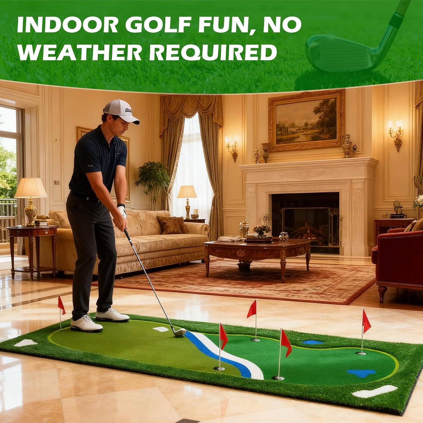 Golf Putting Green Mat - 5FT×12FT Putting Green Indoor, Professional Golf Putting Mat with Realistic Turf, Multi Holes & Flags for Outdoor Golf Practice
